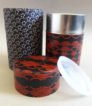 Chazutsu, Tea Canister, holds 150 gram, Stainless Steel covered in Blue or Red Washi Paper