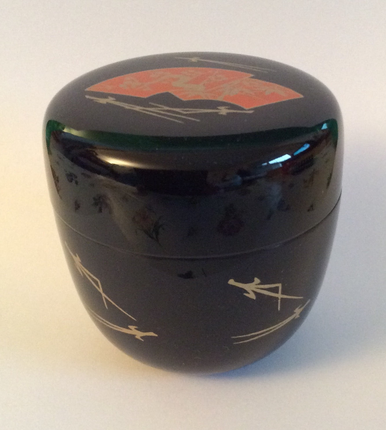 Natsume, Matcha Tea Caddy, Black Lacquer. Pine, Plum, Bamboo Motif