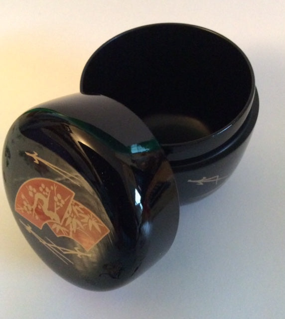 Natsume, Matcha Tea Caddy, Black Lacquer. Pine, Plum, Bamboo Motif