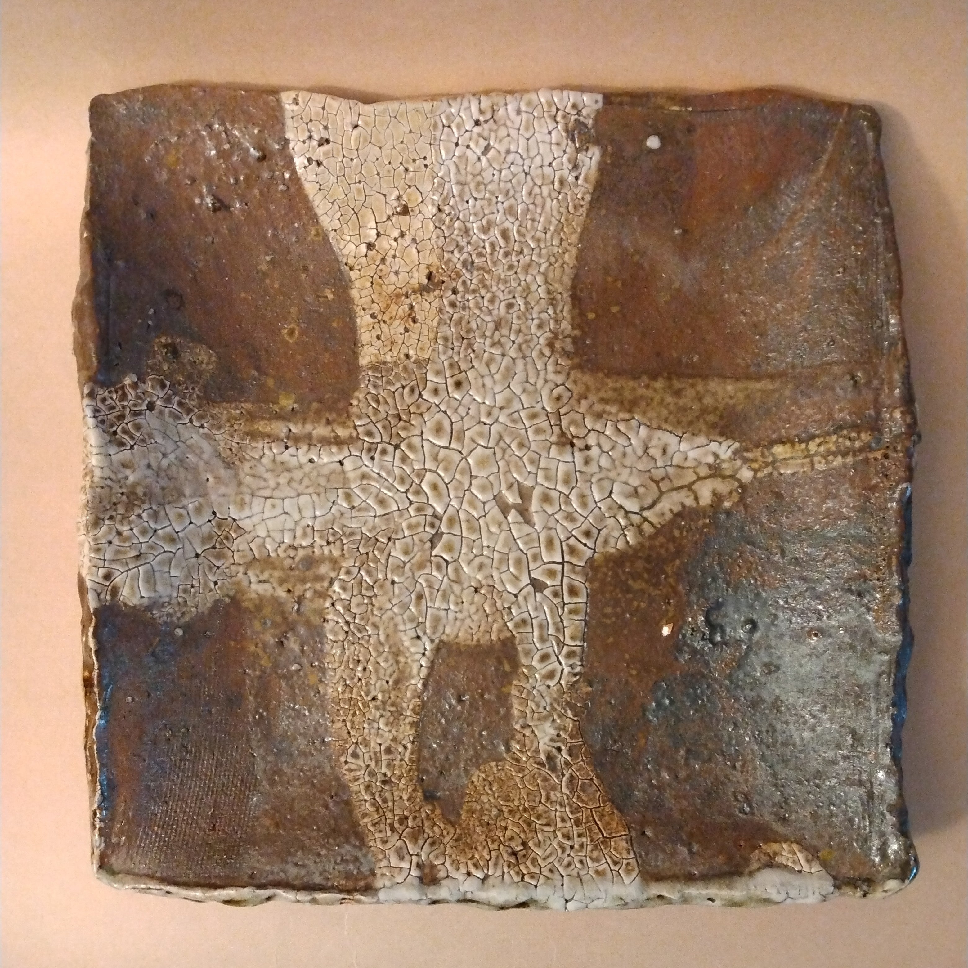 Wood-fired Plate with Shino Glaze Ladle-splashed Cross, by George Gledhill