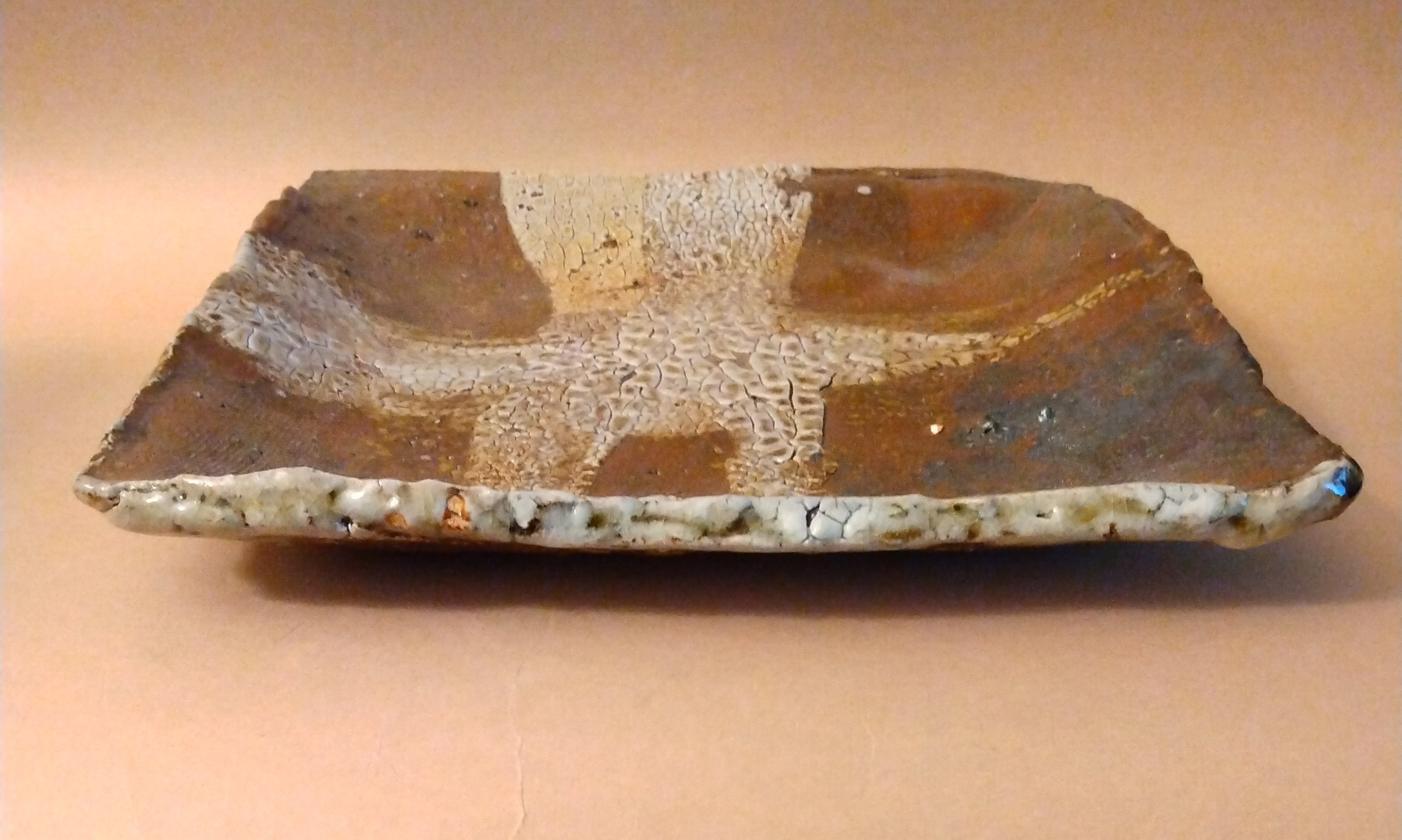 Wood-fired Plate with Shino Glaze Ladle-splashed Cross, by George Gledhill
