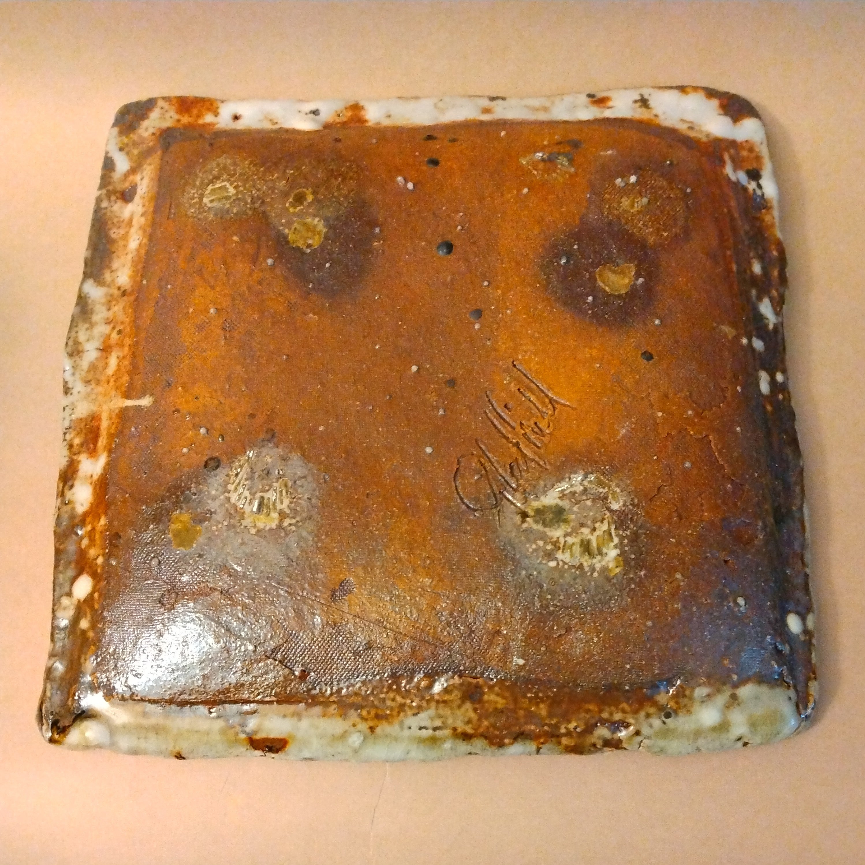 Wood-fired Plate with Shino Glaze Ladle-splashed Cross, by George Gledhill