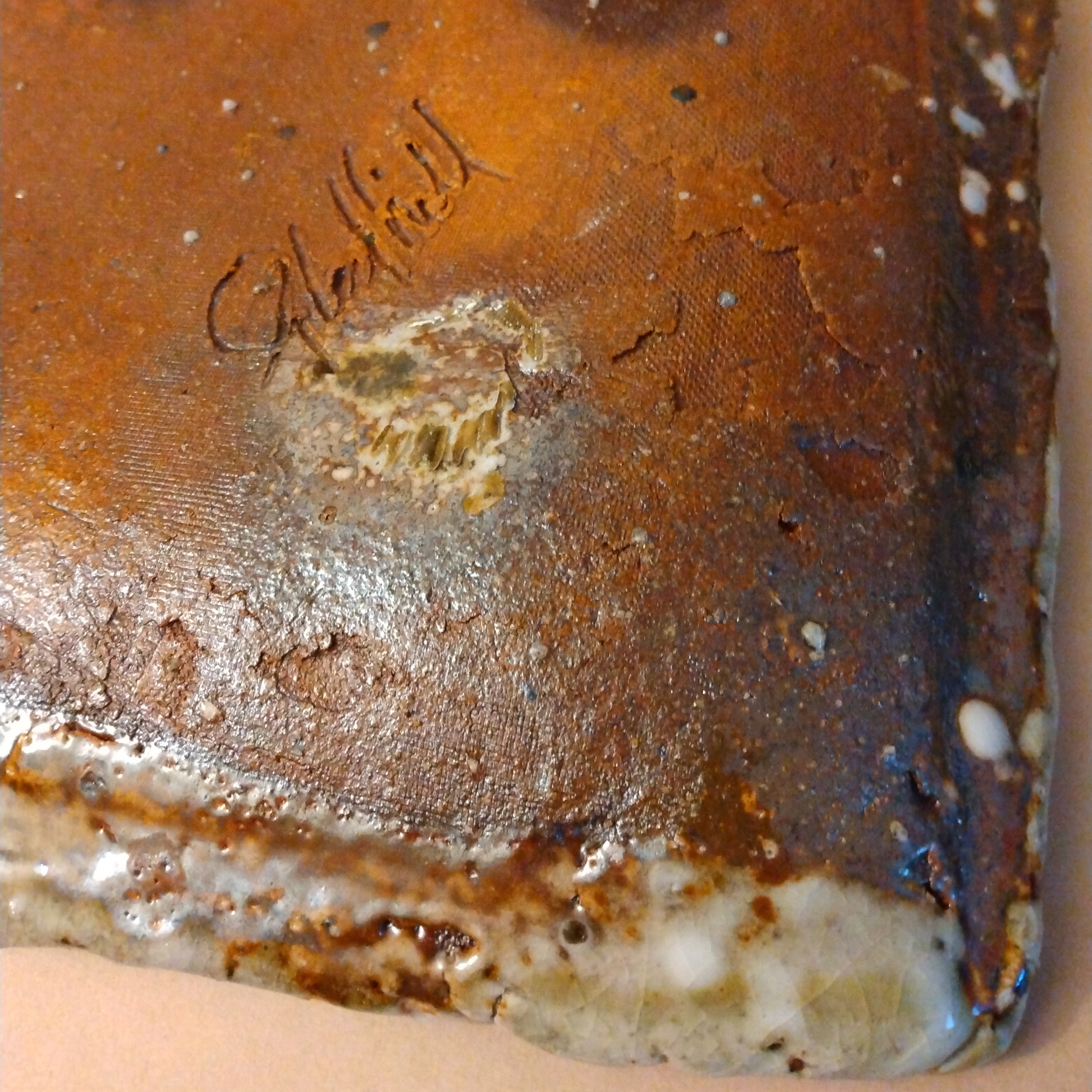 Wood-fired Plate with Shino Glaze Ladle-splashed Cross, by George Gledhill