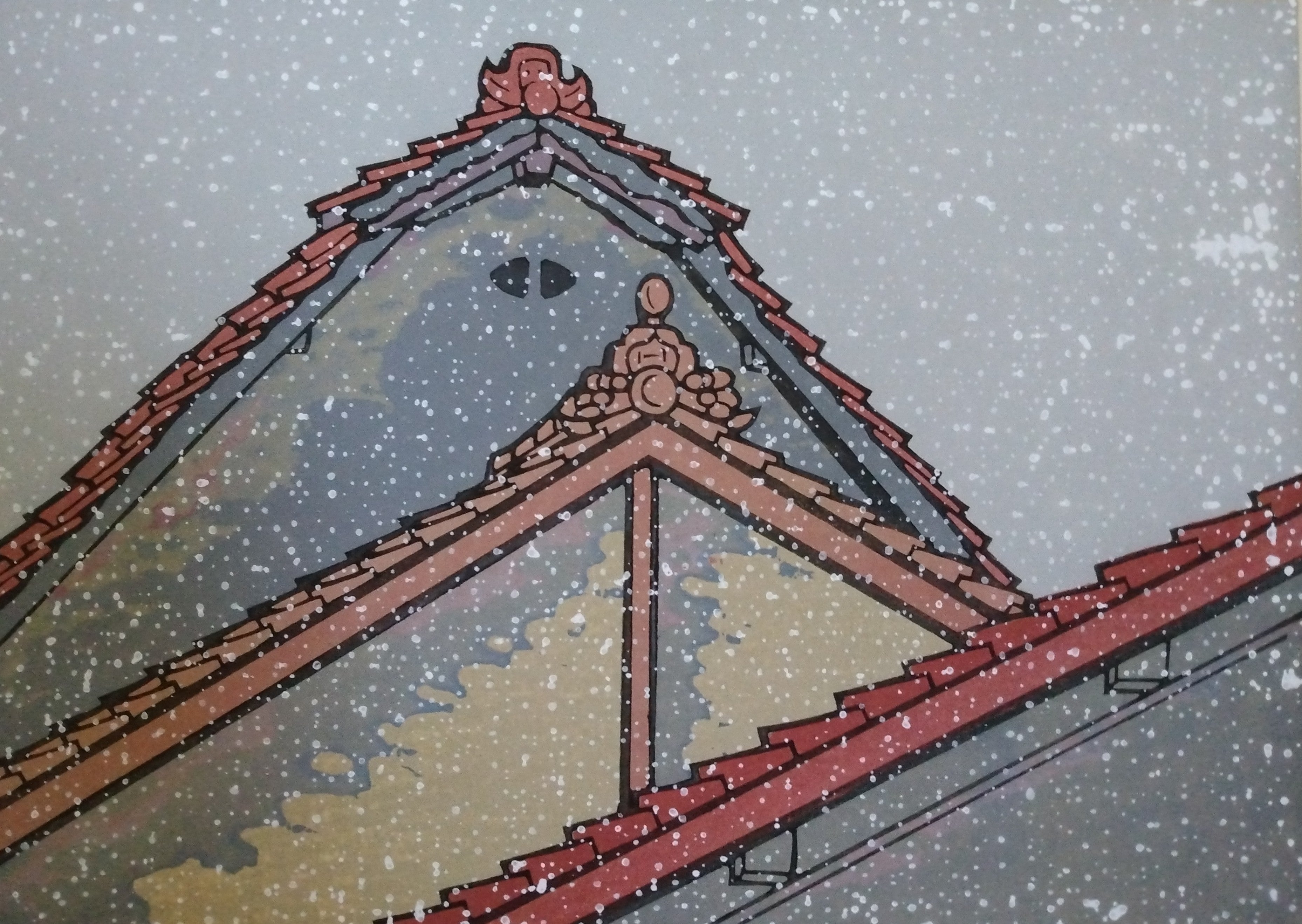 Woodblock Print by Katsuyuki Nishijima, "First Snow" (Hatsu Yuki)