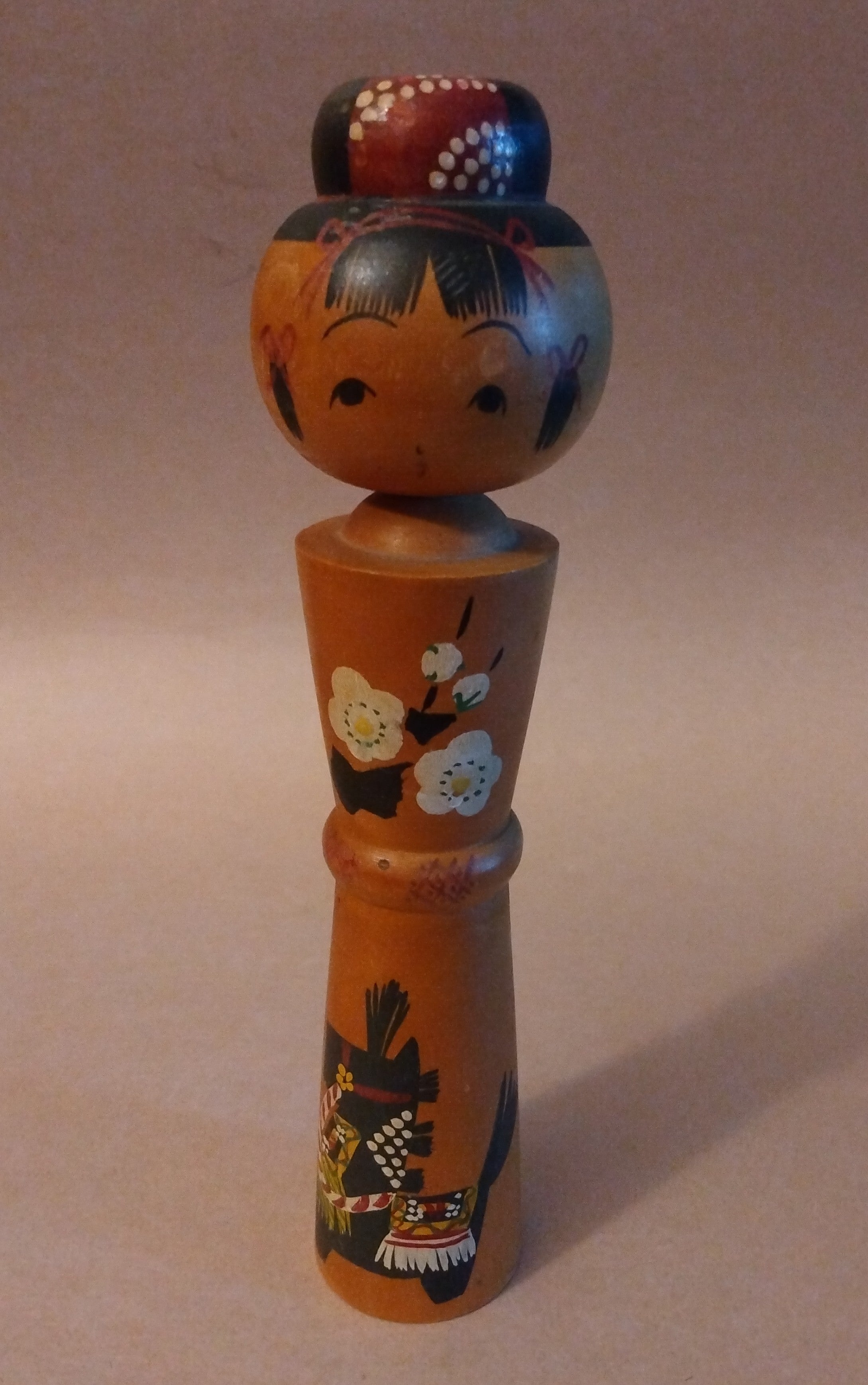Kokeshi Wooden Doll with painting of Wooden Horse and Plum Blossoms; Touno Town, Iwate Prefecture, Vintage
