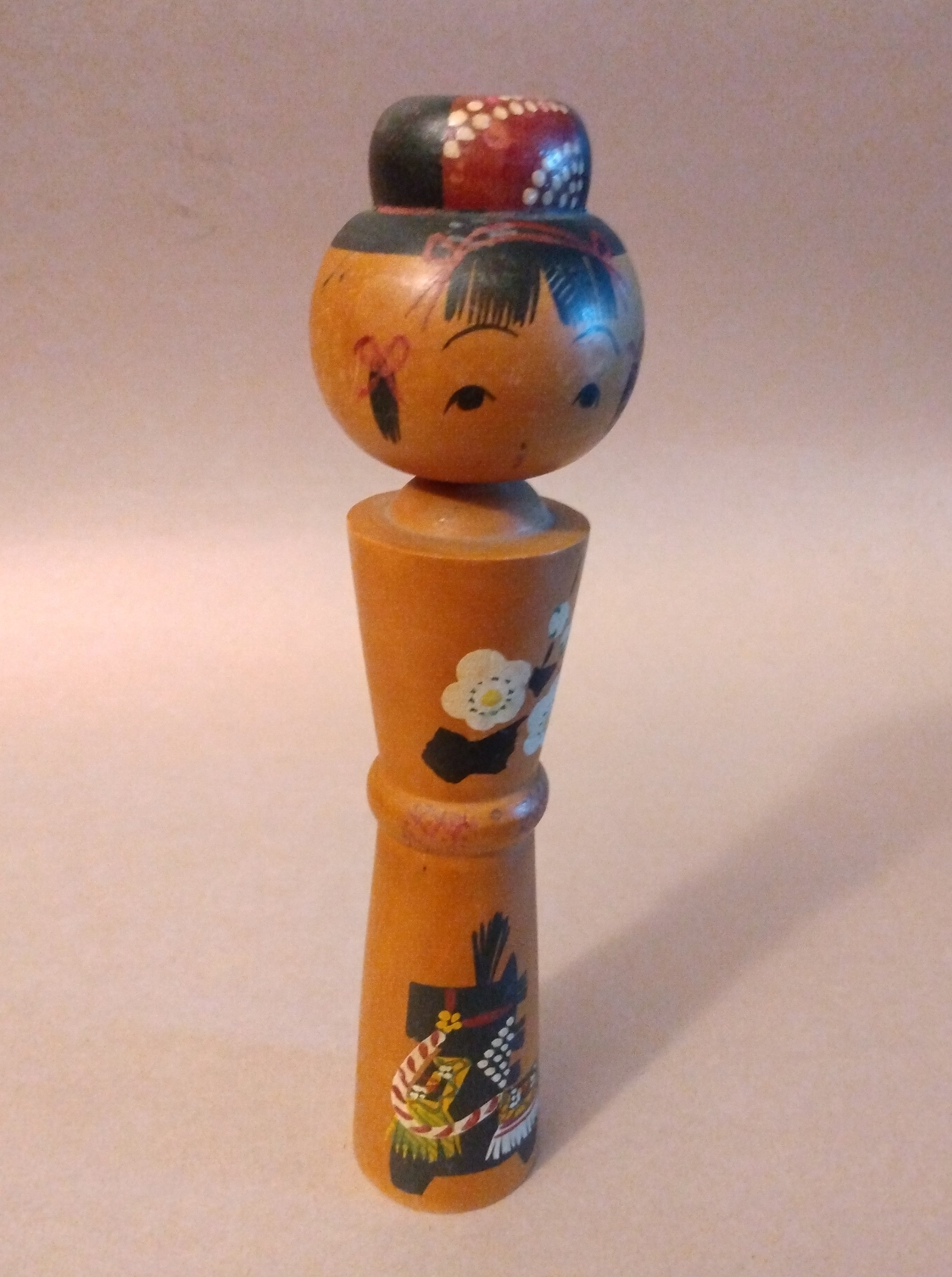 Kokeshi Wooden Doll with painting of Wooden Horse and Plum Blossoms; Touno Town, Iwate Prefecture, Vintage