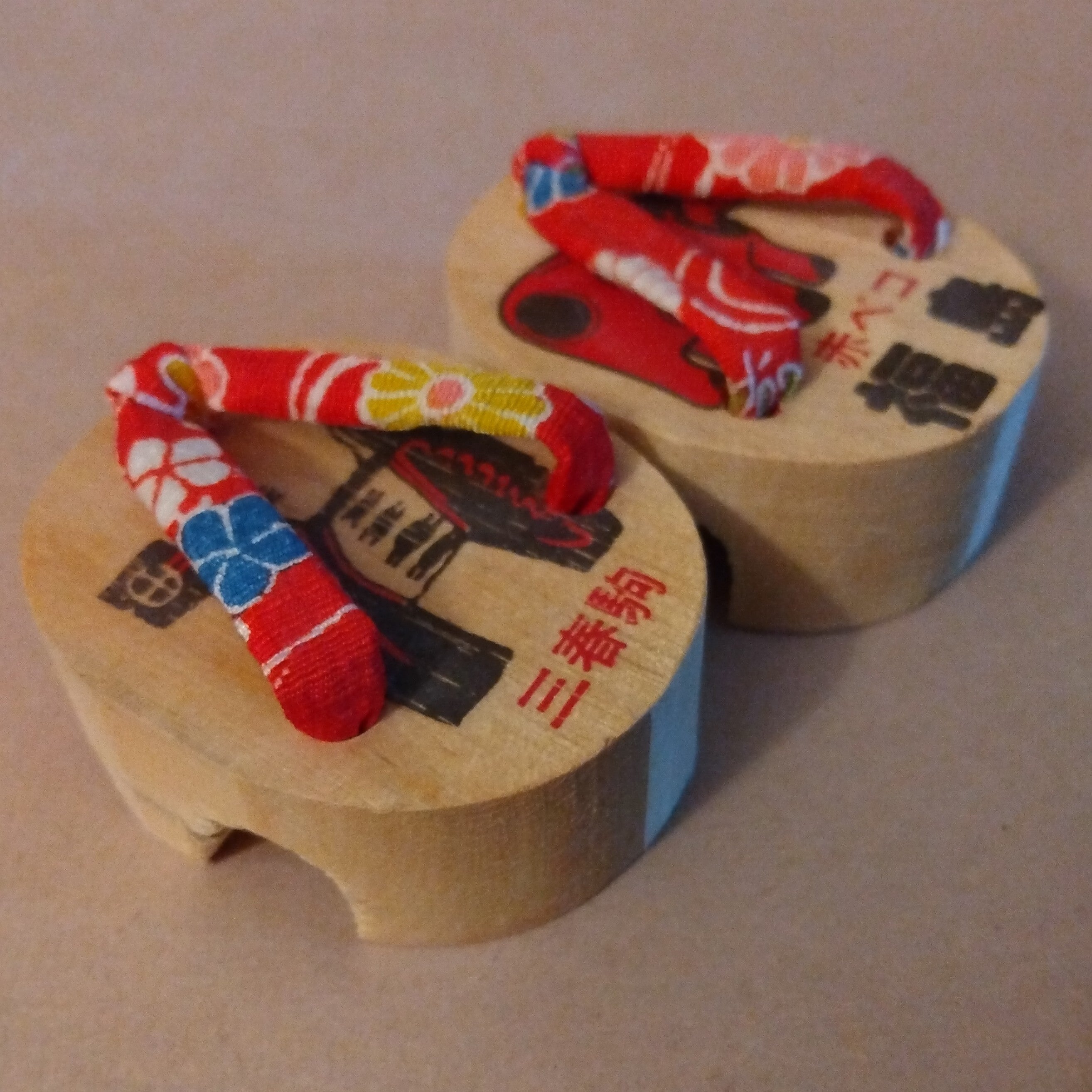 Omiyage Geta, Souvenir Wooden Sandals, with Miharu Koma and Akabeko; Fukushima Prefecture, Vintage