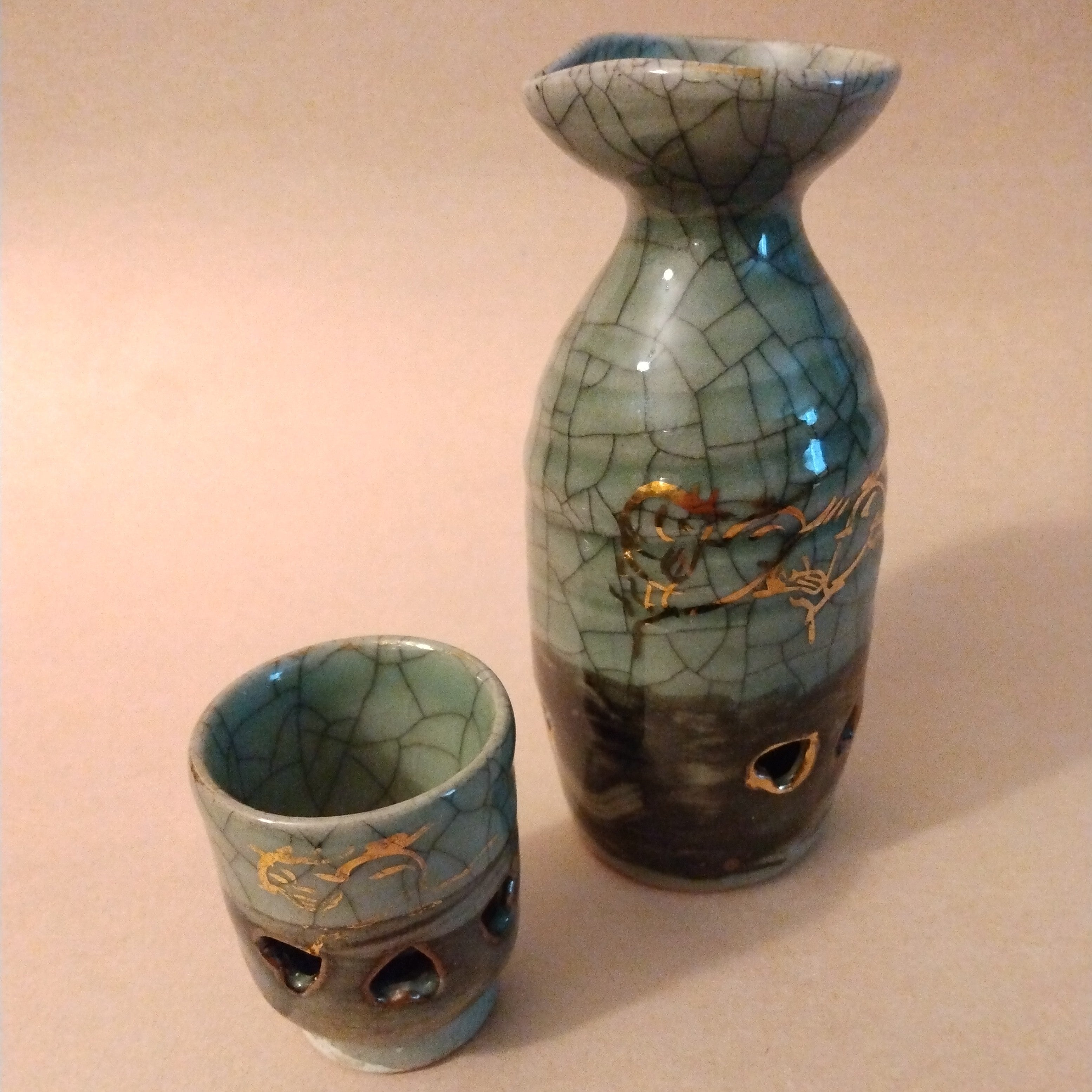 Obori-Soma-yaki Tokkuri & Ochoko (Sake Flask & Cup) Set, Vintage