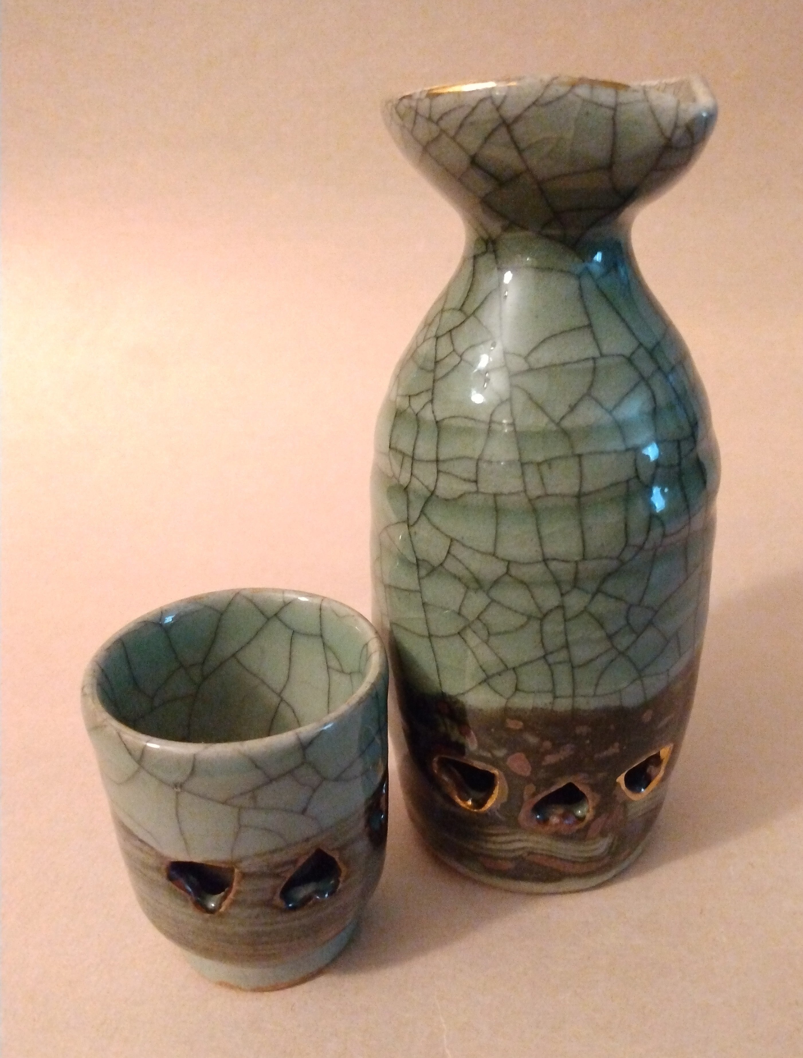 Obori-Soma-yaki Tokkuri & Ochoko (Sake Flask & Cup) Set, Vintage