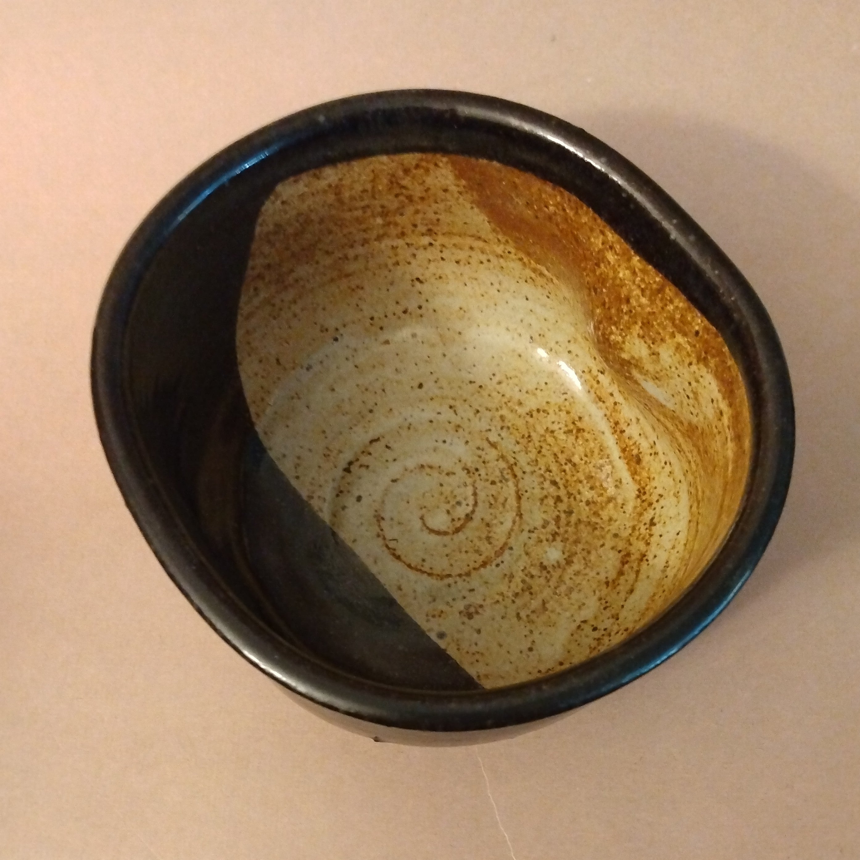 Oribe Matcha Chawan, Tea Bowl, Kutsu-gata (shoe-shaped), Kake-wake (split glaze) design,by Sachiko Furuya.