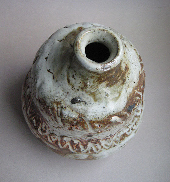 Vase with wide base, Shino and Bamboo Ash Glazes, by Sachiko Furuya