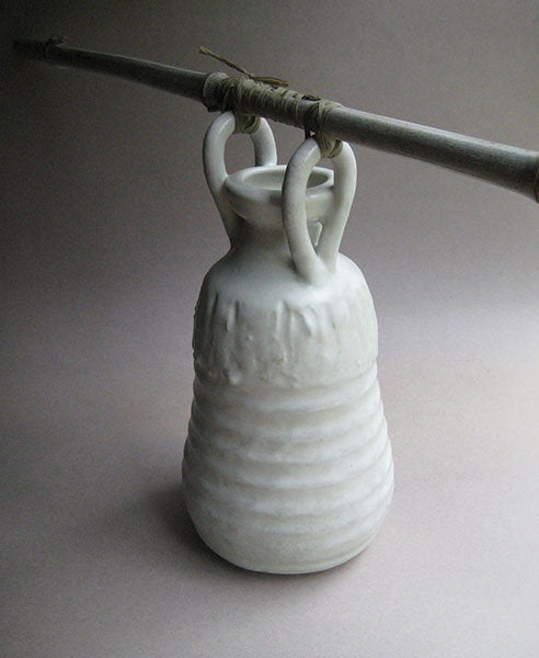 Vase with lug handles and hanging stick, white Shino glaze, by Sachiko Furuya