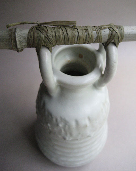 Vase with lug handles and hanging stick, white Shino glaze, by Sachiko Furuya