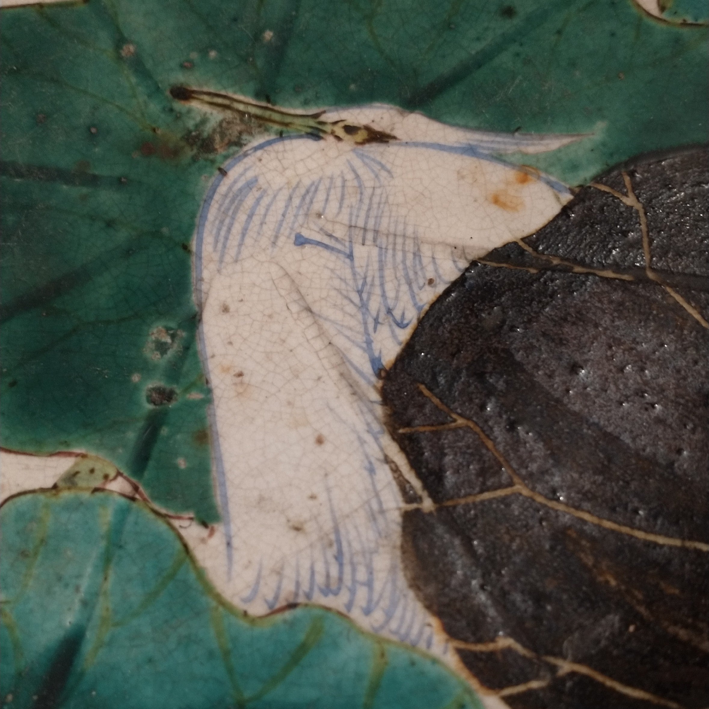 Kenzan-style Painted Dish with Egret and Lotus for Food or Flowers; Antique. Thiel Collection