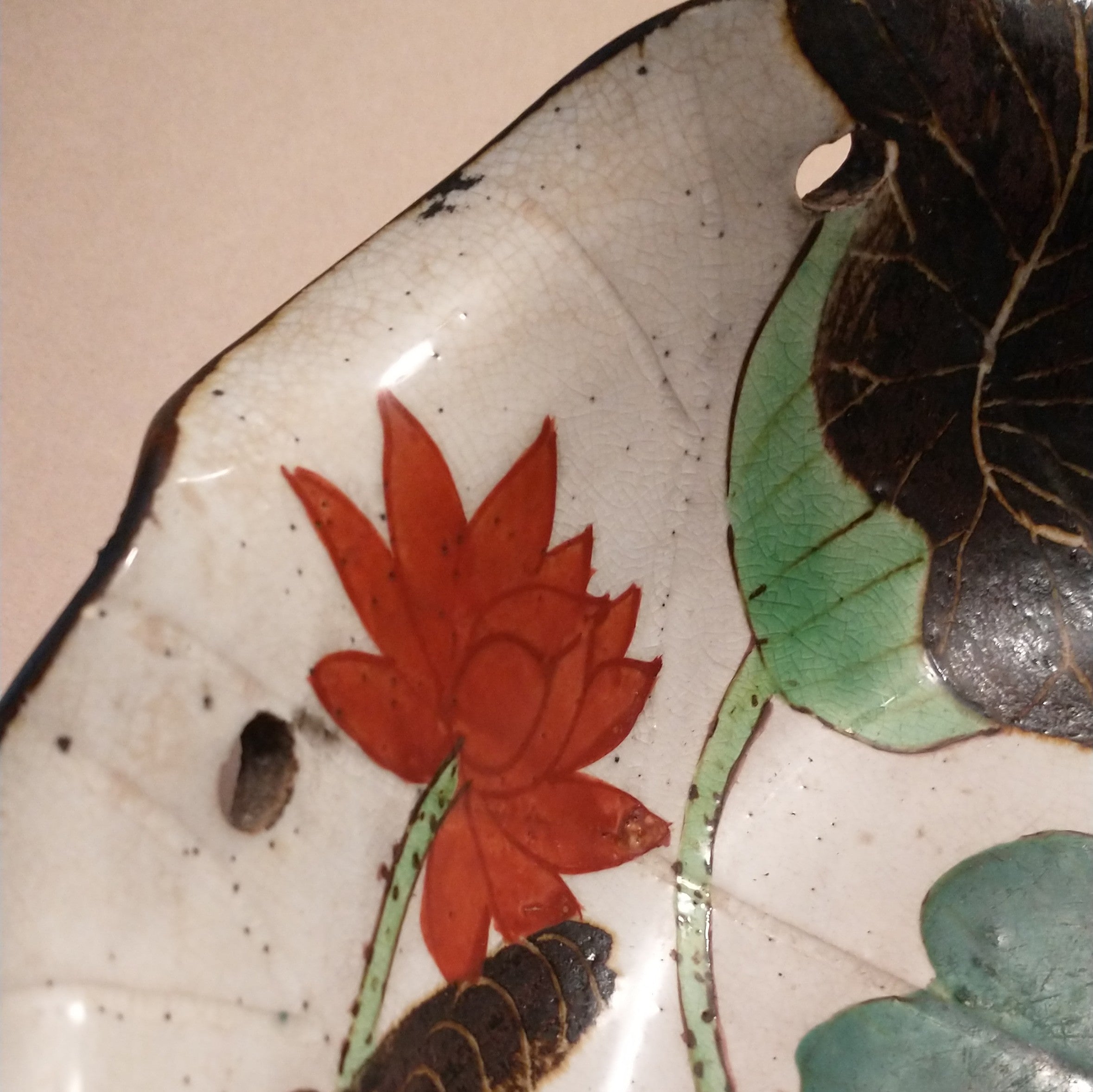 Kenzan-style Painted Dish with Egret and Lotus for Food or Flowers; Antique. Thiel Collection