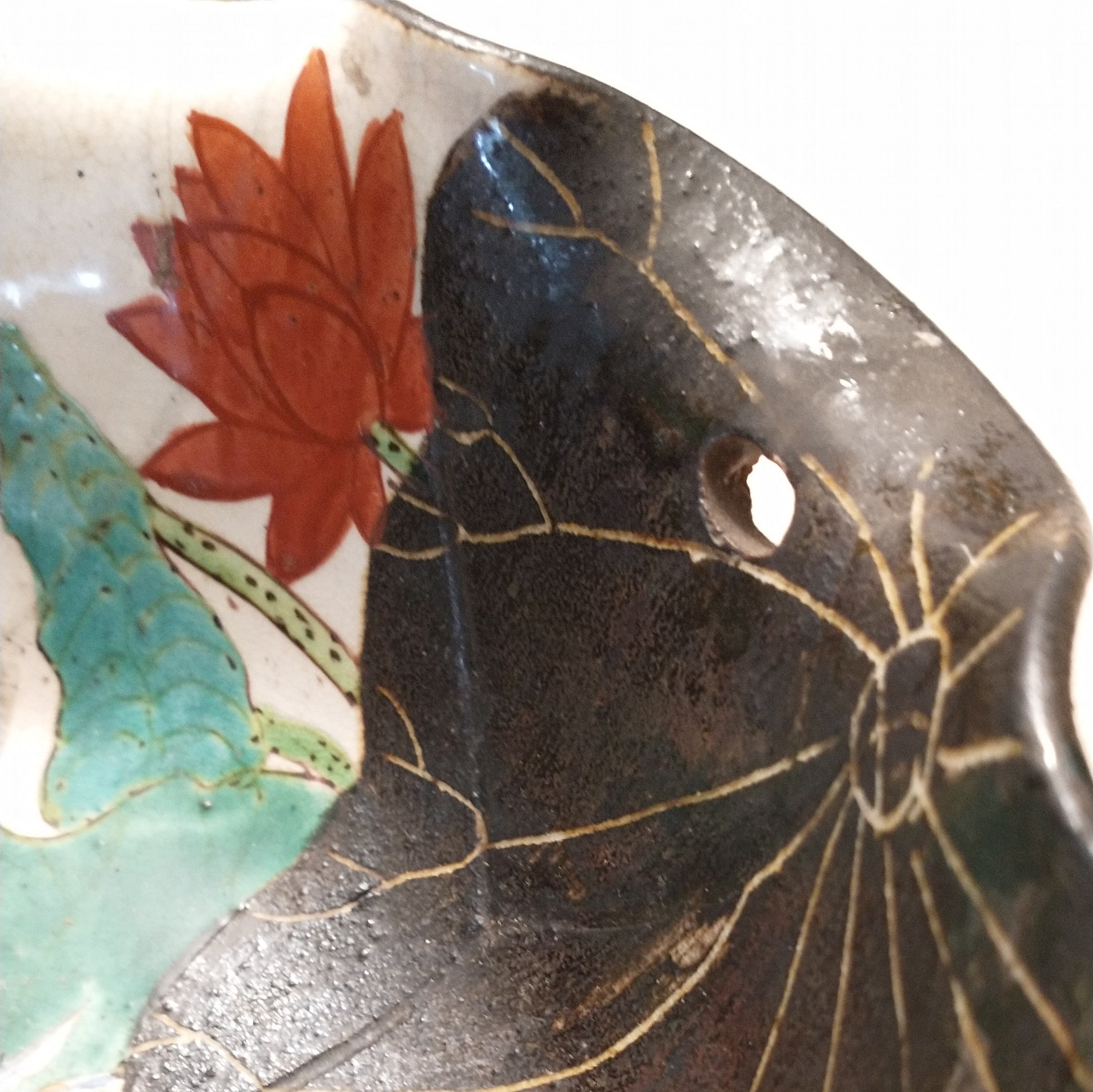 Kenzan-style Painted Dish with Egret and Lotus for Food or Flowers; Antique. Thiel Collection