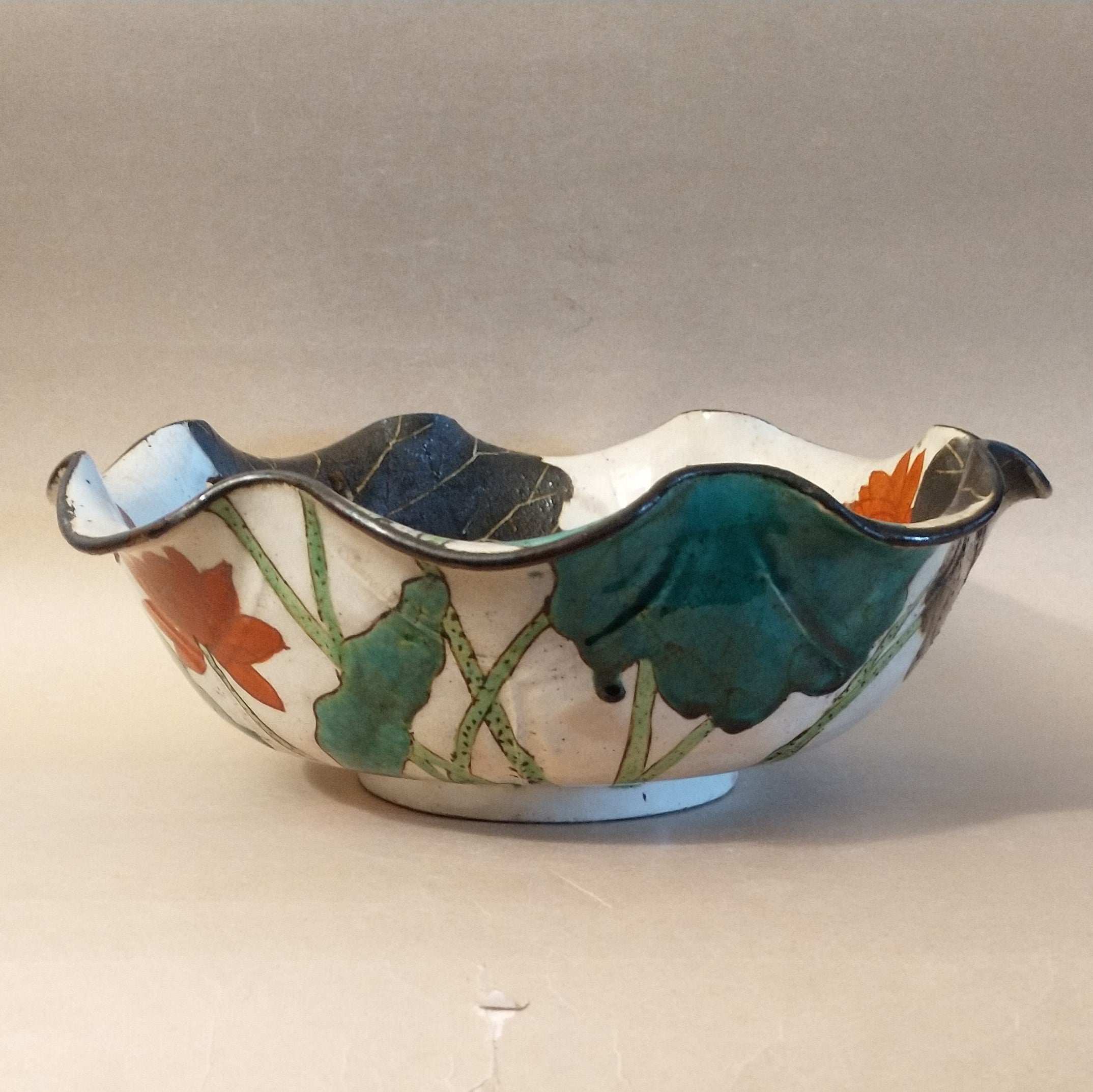 Kenzan-style Painted Dish with Egret and Lotus for Food or Flowers; Antique. Thiel Collection