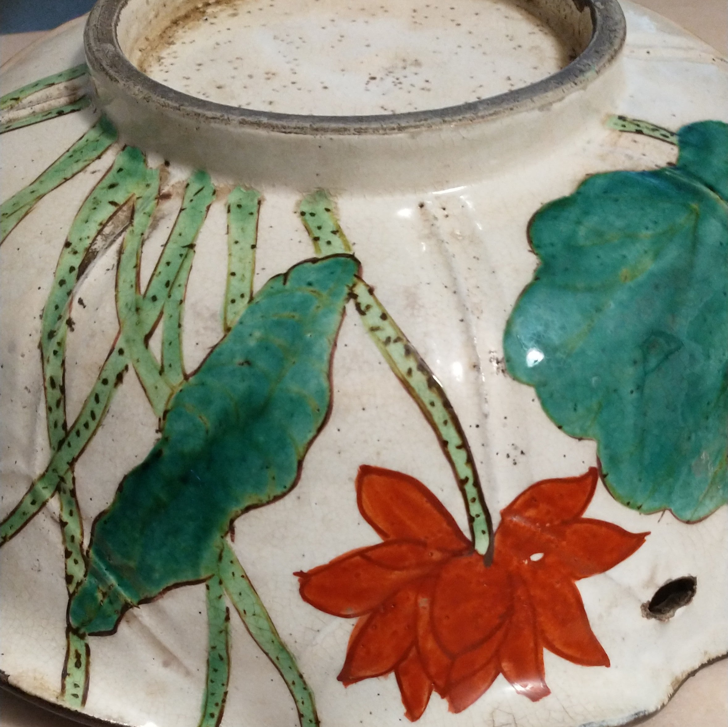 Kenzan-style Painted Dish with Egret and Lotus for Food or Flowers; Antique. Thiel Collection