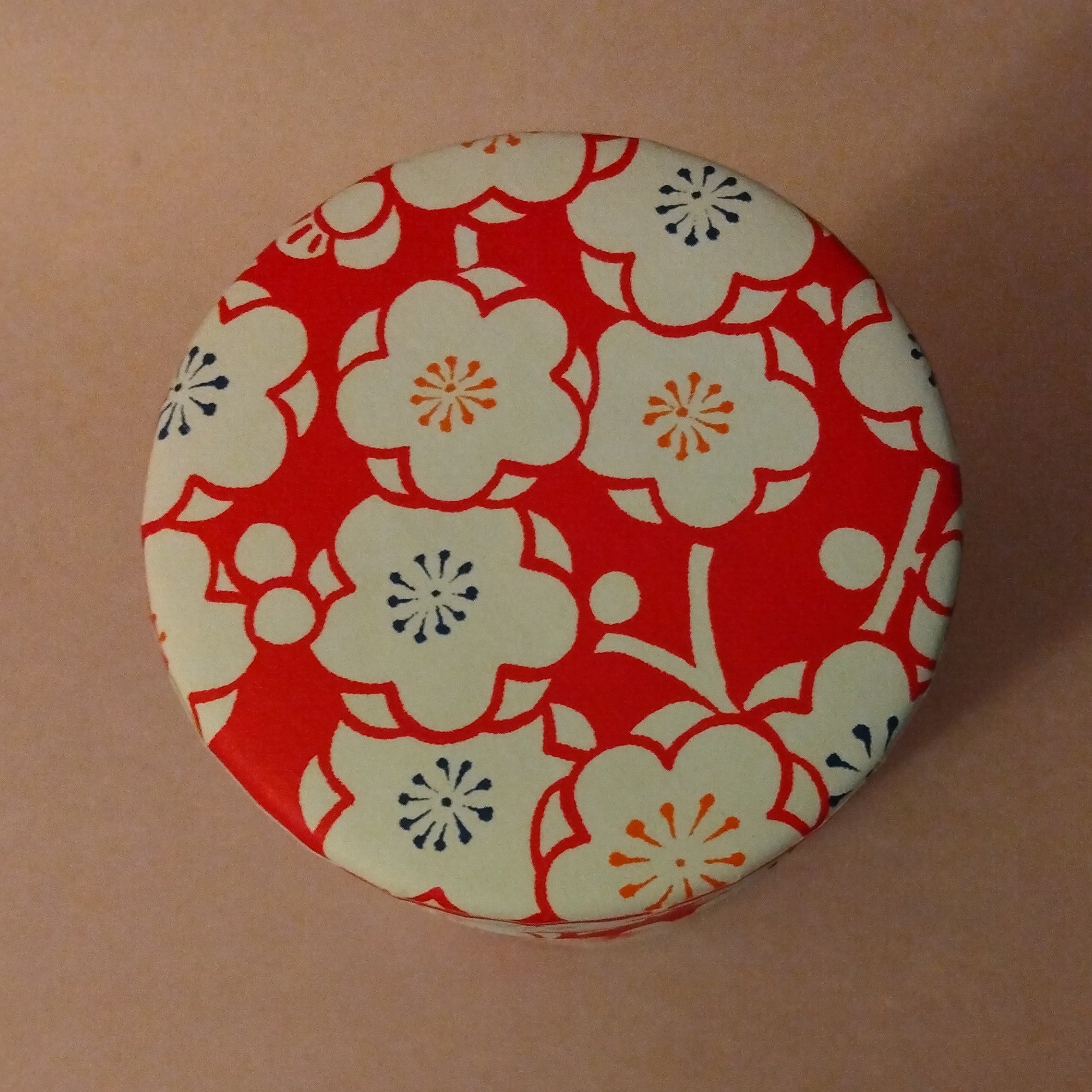Chazutsu, Tea Canister, holds 150 grams, Stainless Steel covered in Red Washi Paper with Plum Blossom Motif