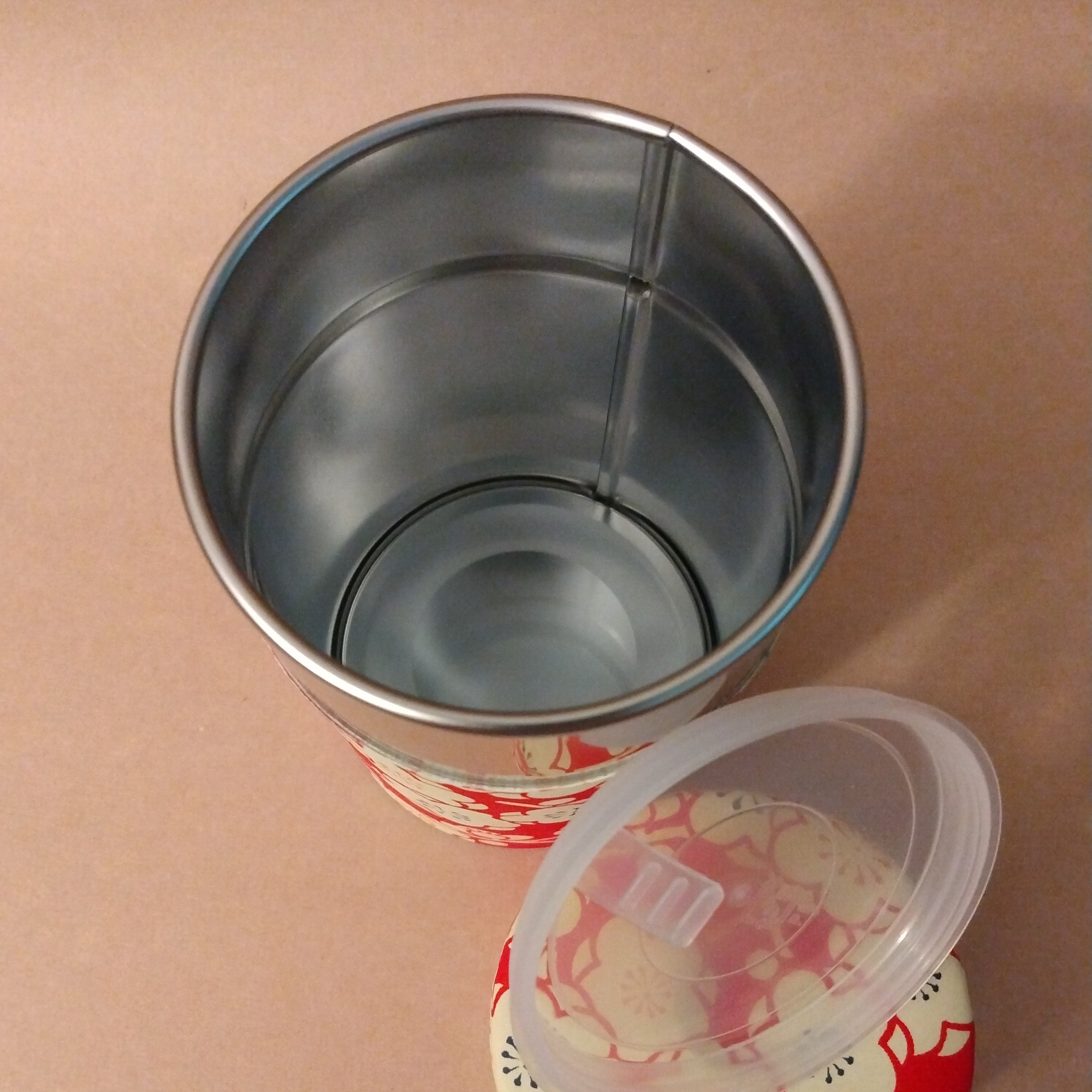Chazutsu, Tea Canister, holds 150 grams, Stainless Steel covered in Red Washi Paper with Plum Blossom Motif