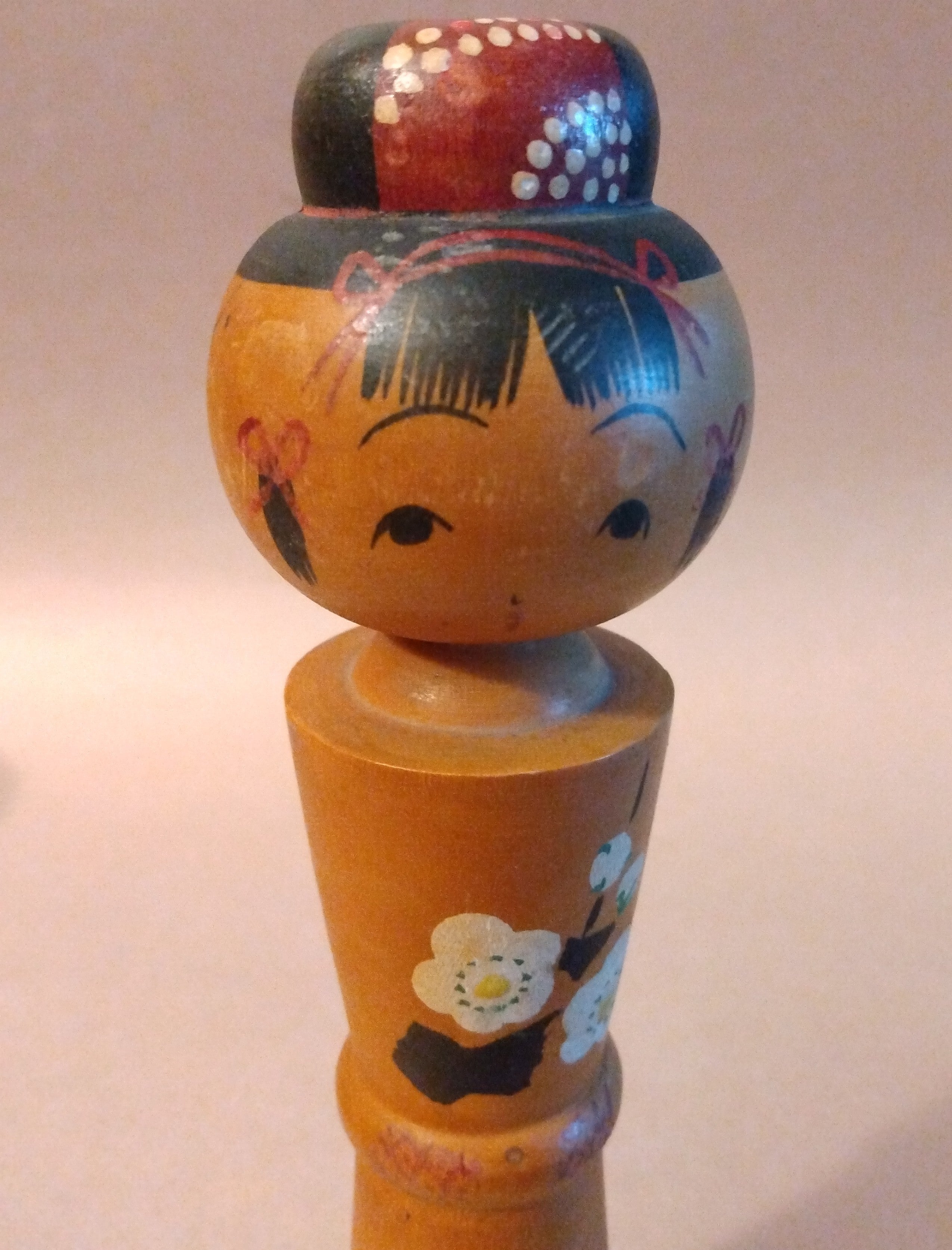 Kokeshi Wooden Doll with painting of Wooden Horse and Plum Blossoms; Touno Town, Iwate Prefecture, Vintage
