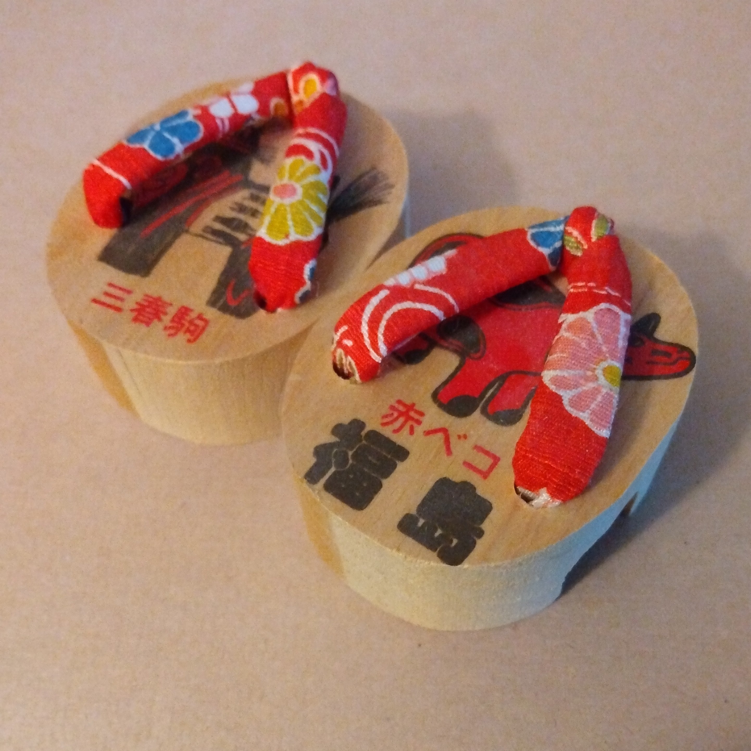 Omiyage Geta, Souvenir Wooden Sandals, with Miharu Koma and Akabeko; Fukushima Prefecture, Vintage