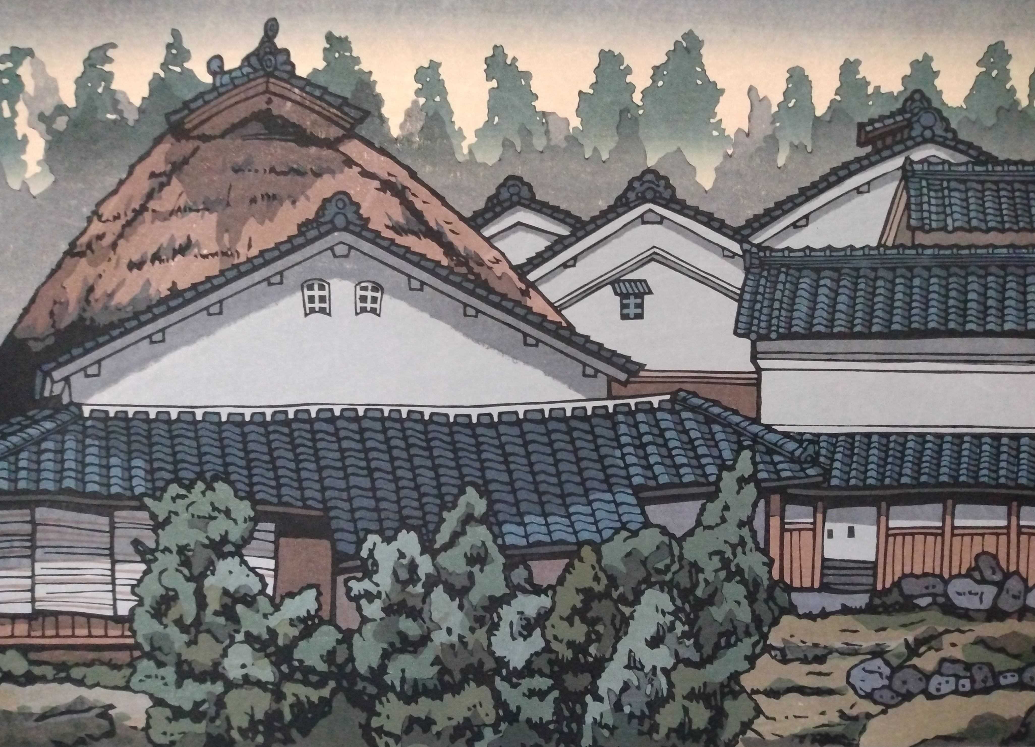 Woodblock Print by Katsuyuki Nishijima, "Folk House in Kiryuu" (Kiryuu no Minka)