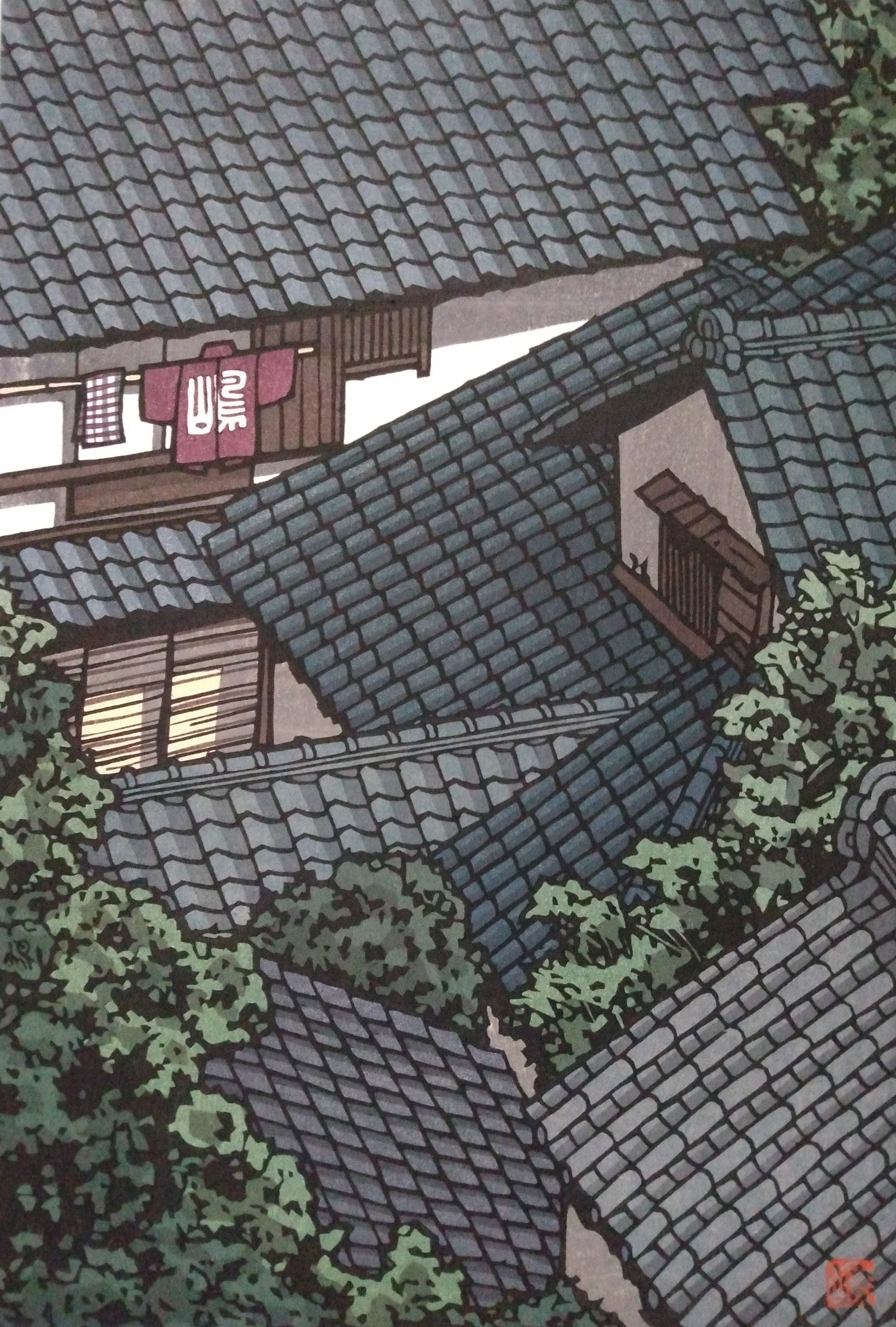 Woodblock Print by Katsuyuki Nishijima, "Waves of Roof Tiles in Marutamachi" (Marutamachi no YaNami)