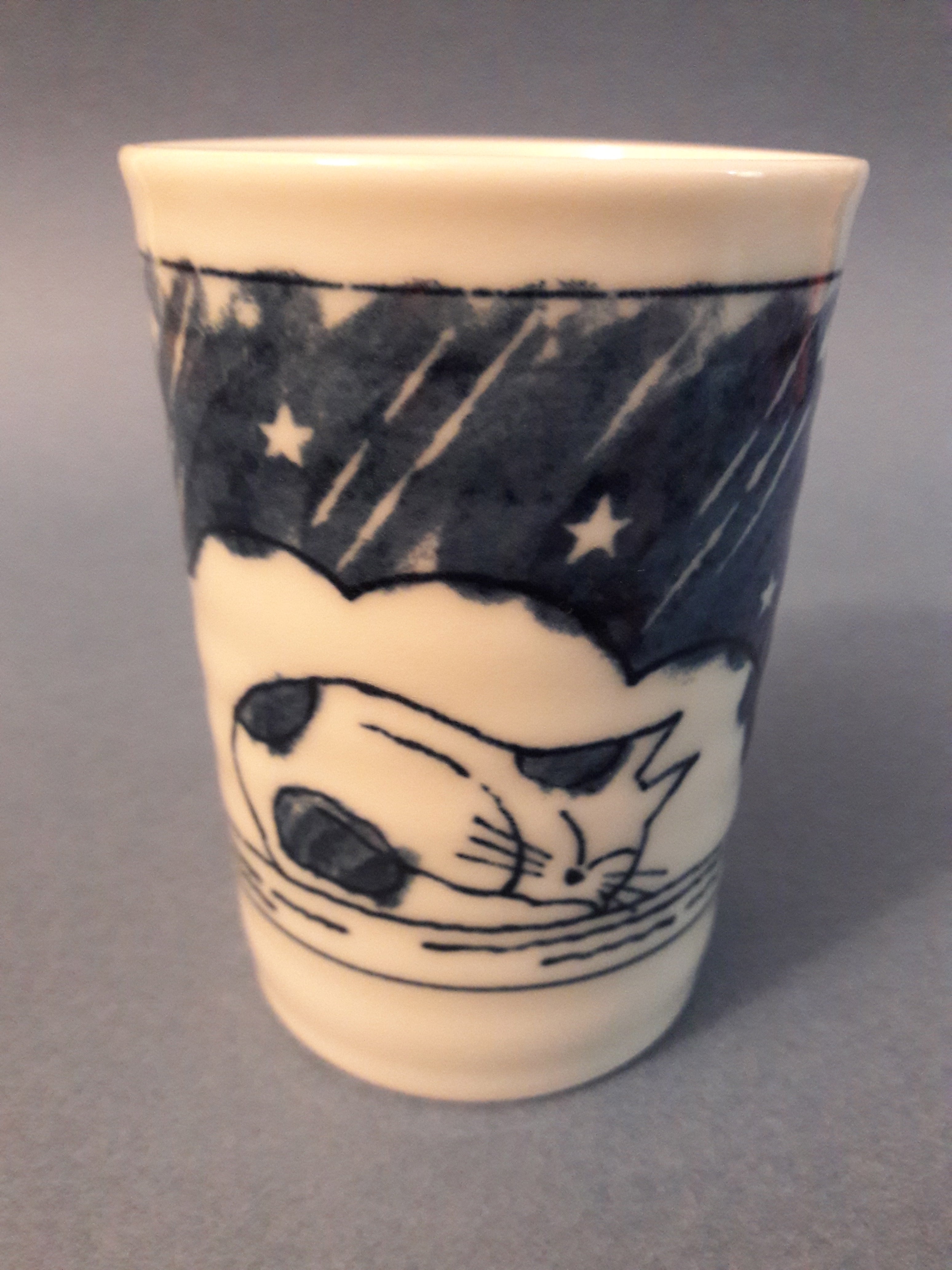 Set of 5 Adorable Cat Tea Cups, Blue & White Mino-ware