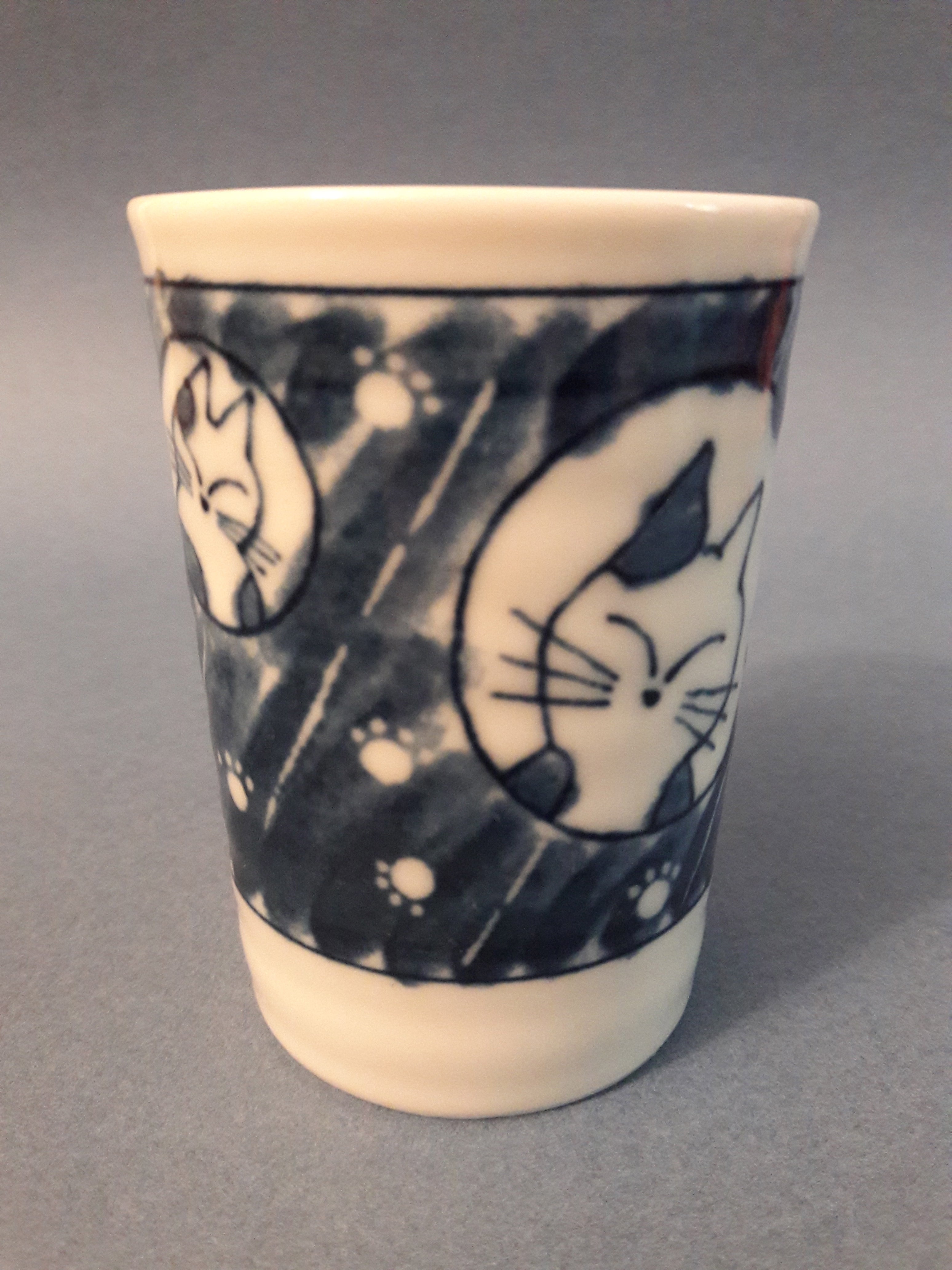 【猫茶】 Set of 5 Adorable Cat Tea Cups, Blue & White Mino-Ware