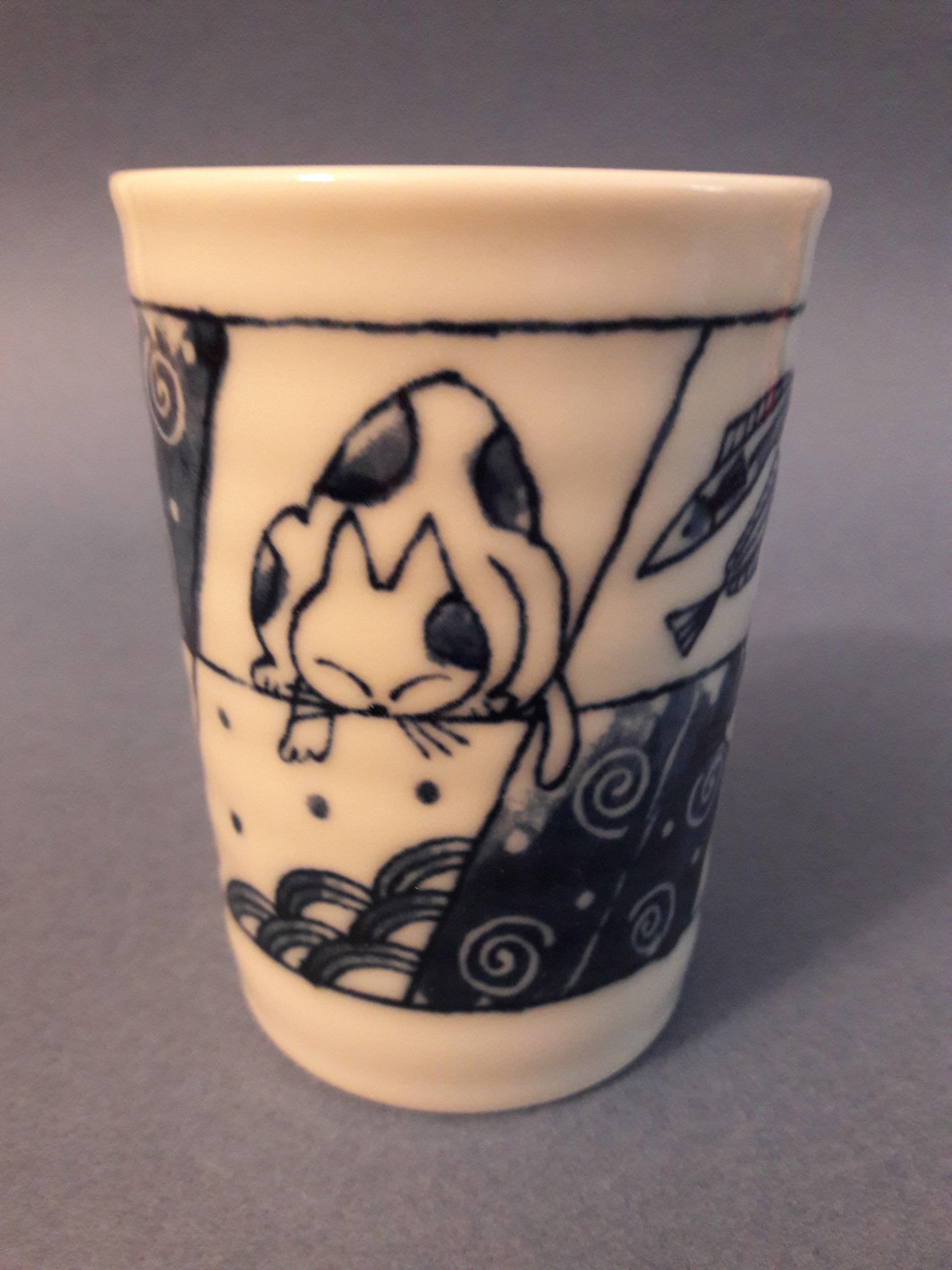 【猫茶】 Set of 5 Adorable Cat Tea Cups, Blue & White Mino-ware