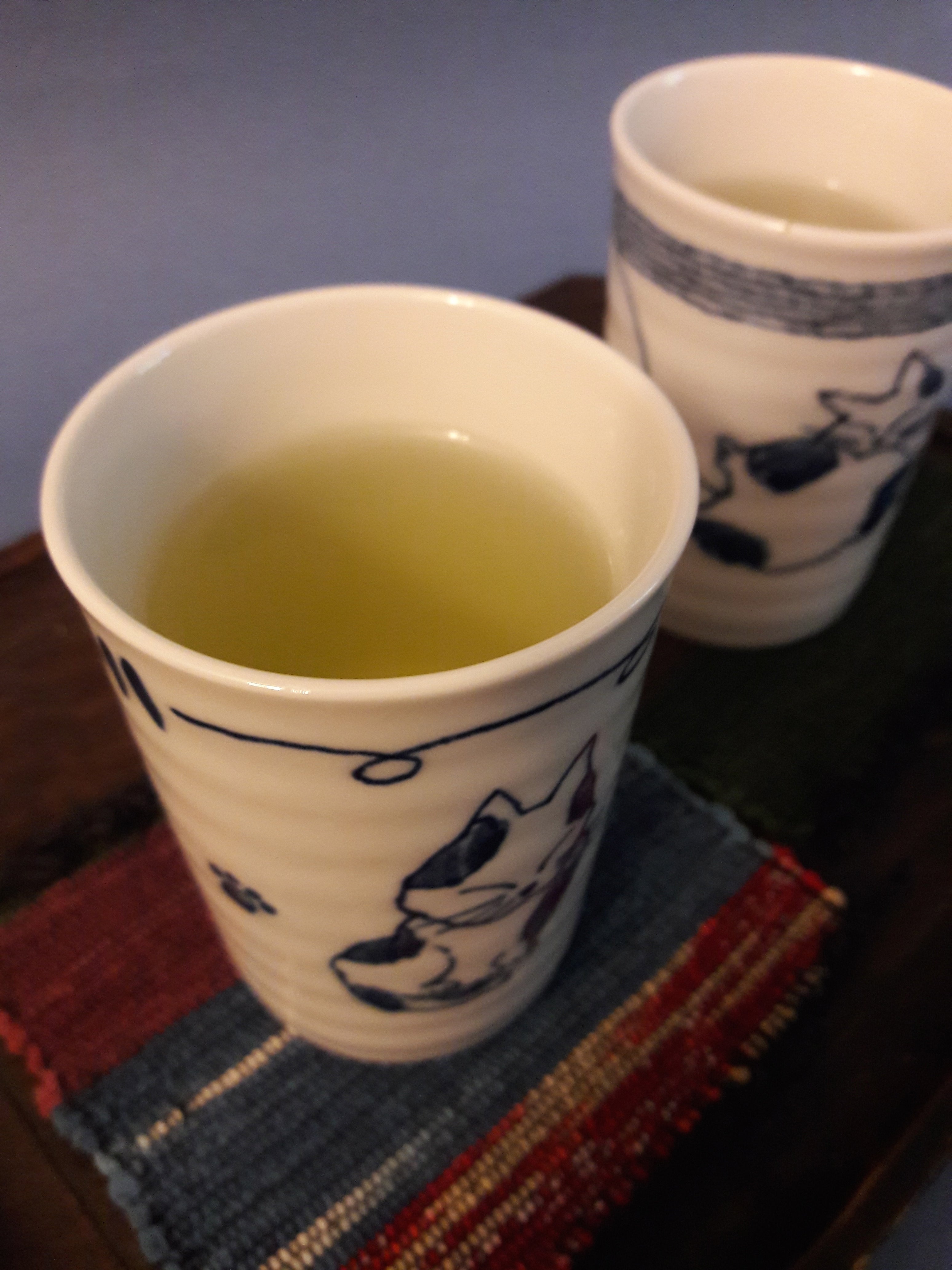 【猫茶】 Set of 5 Adorable Cat Tea Cups, Blue & White Mino-ware