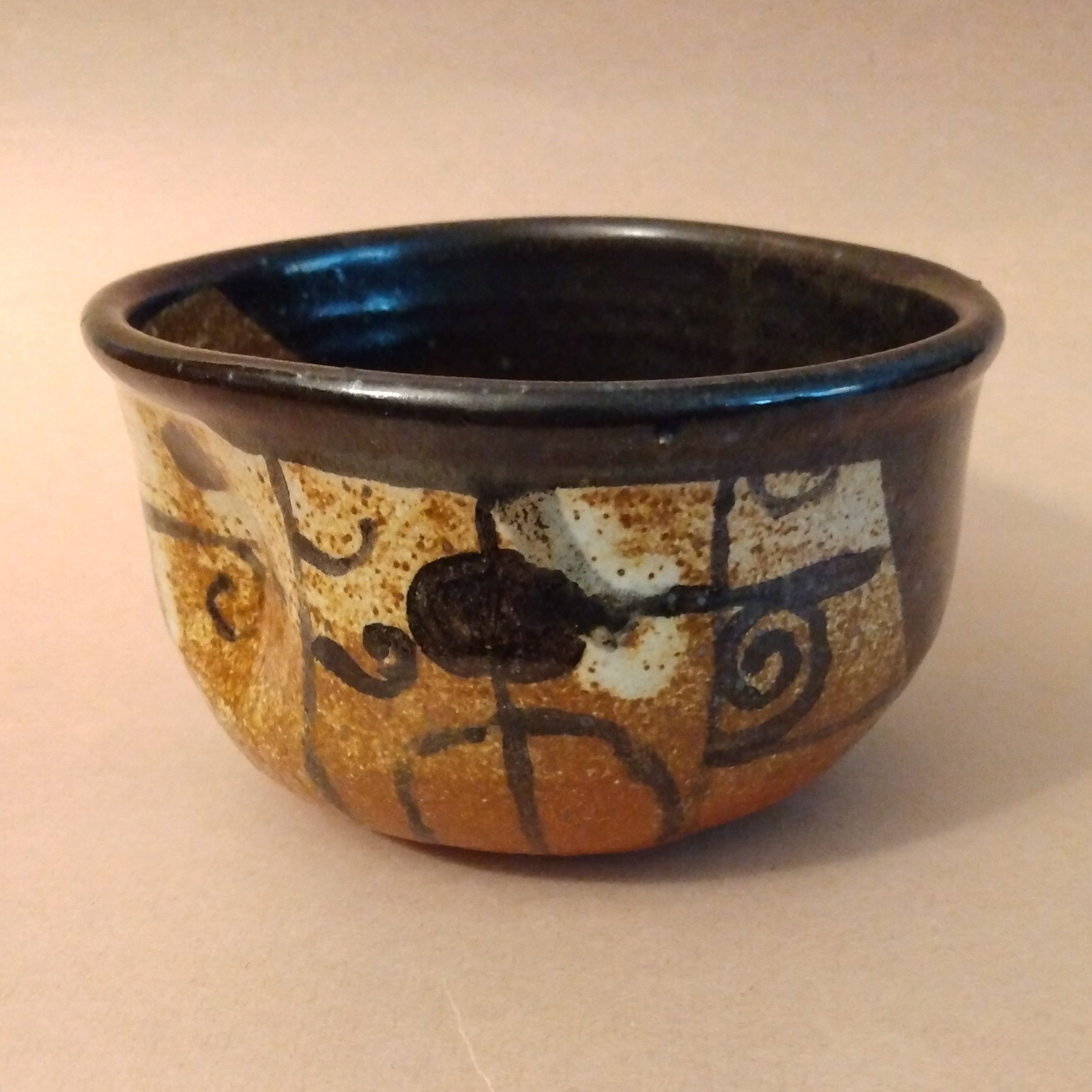 Oribe Matcha Chawan, Tea Bowl, Kutsu-gata (shoe-shaped), Kake-wake (split glaze) design,by Sachiko Furuya.