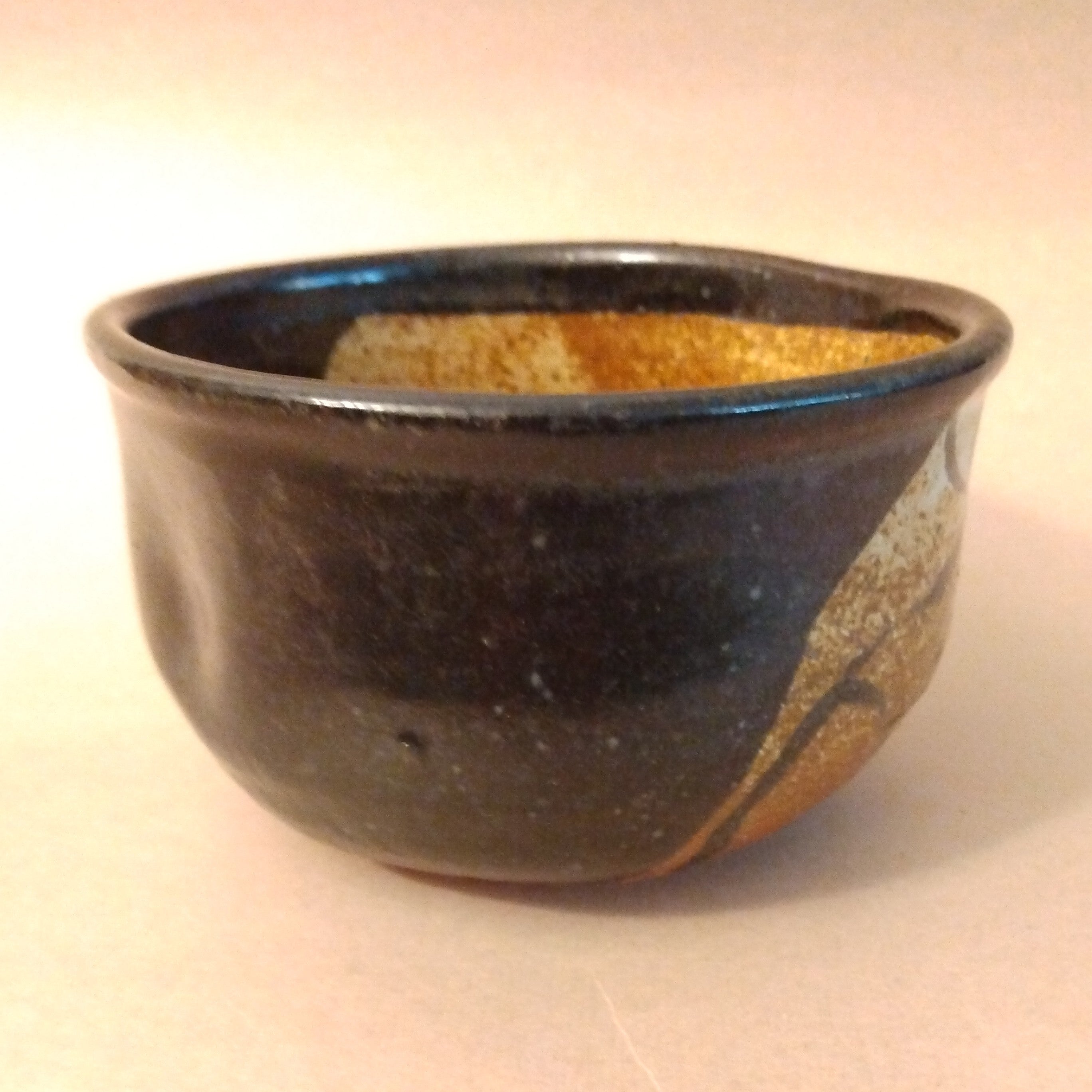 20% to Wajima Earthquake Relief - Oribe Matcha Chawan, Tea Bowl, Kutsu-gata (shoe-shaped), Kake-wake (split glaze) design,by Sachiko Furuya.