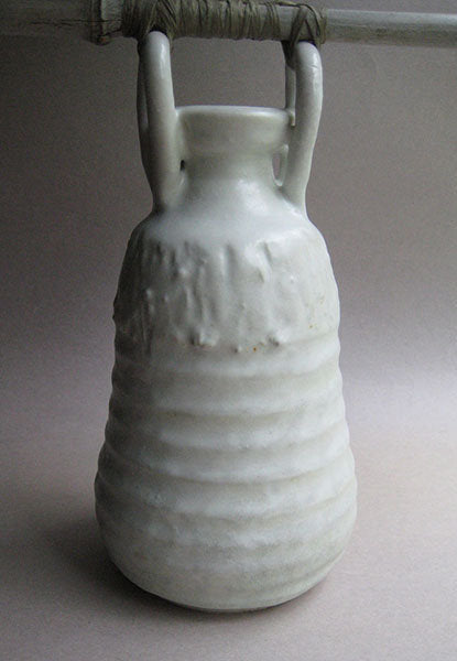 Vase with lug handles and hanging stick, white Shino glaze, by Sachiko Furuya