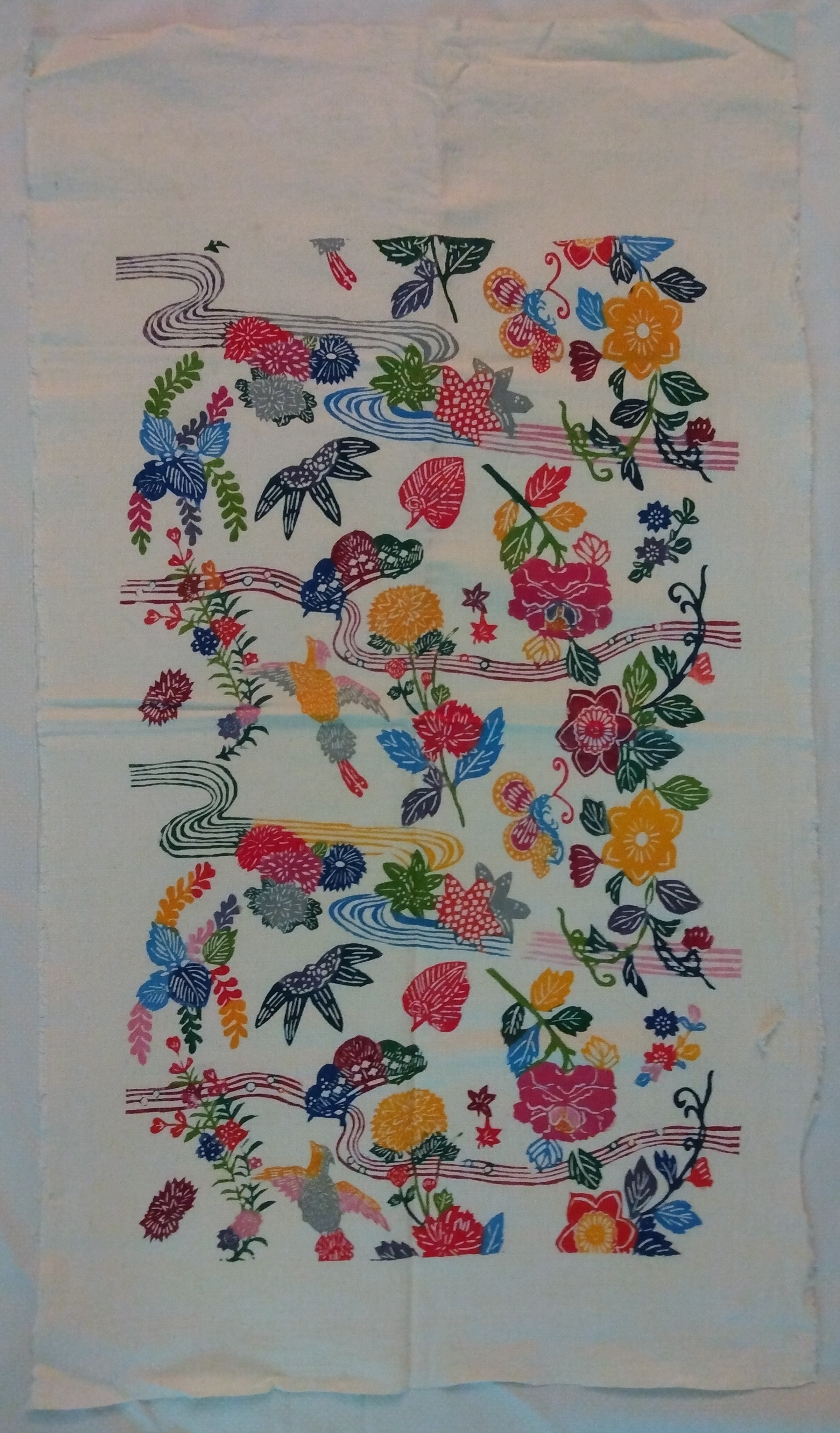 Okinawa Bingata Dyed Cloth with Flora and Fauna. Vintage Japanese Textile; Thiel Collection