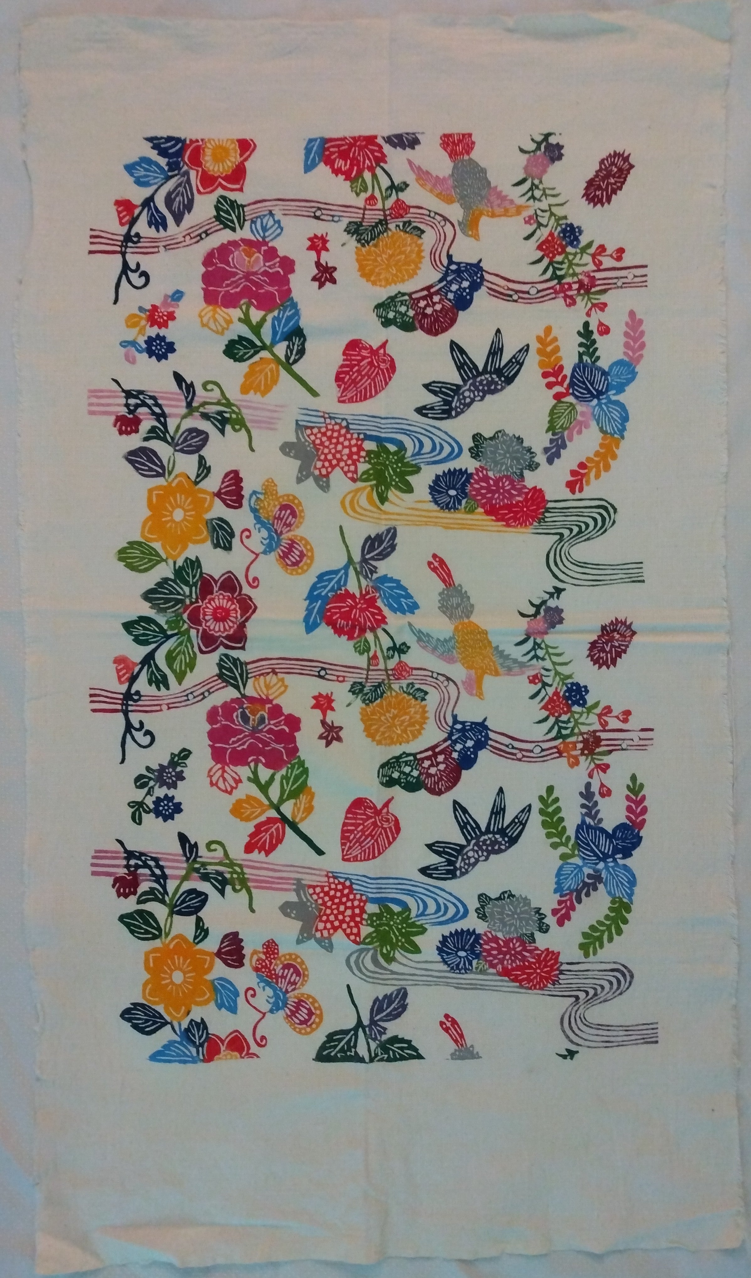 Okinawa Bingata Dyed Cloth with Flora and Fauna. Vintage Japanese Textile; Thiel Collection