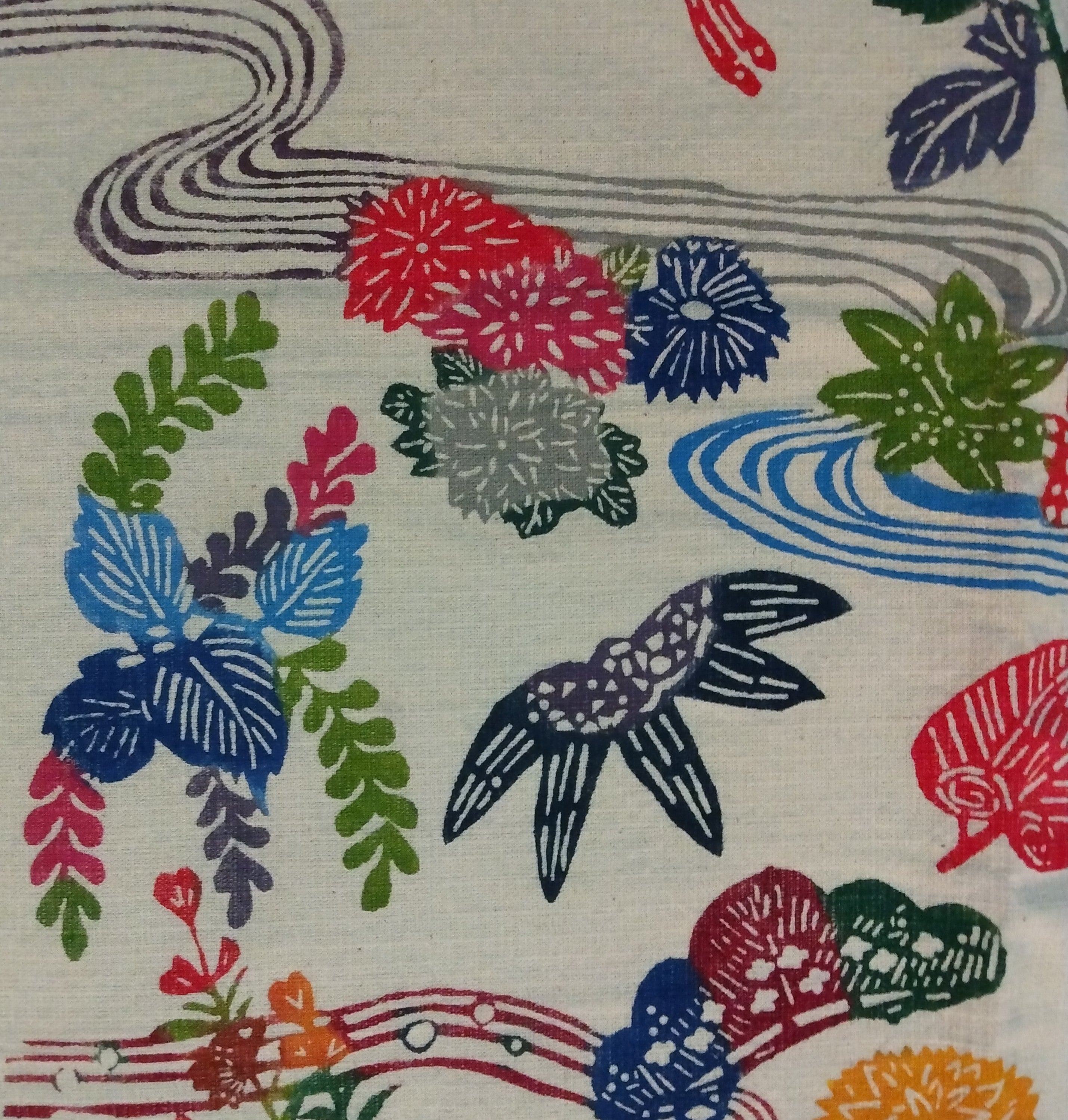 Okinawa Bingata Dyed Cloth with Flora and Fauna. Vintage Japanese Textile; Thiel Collection