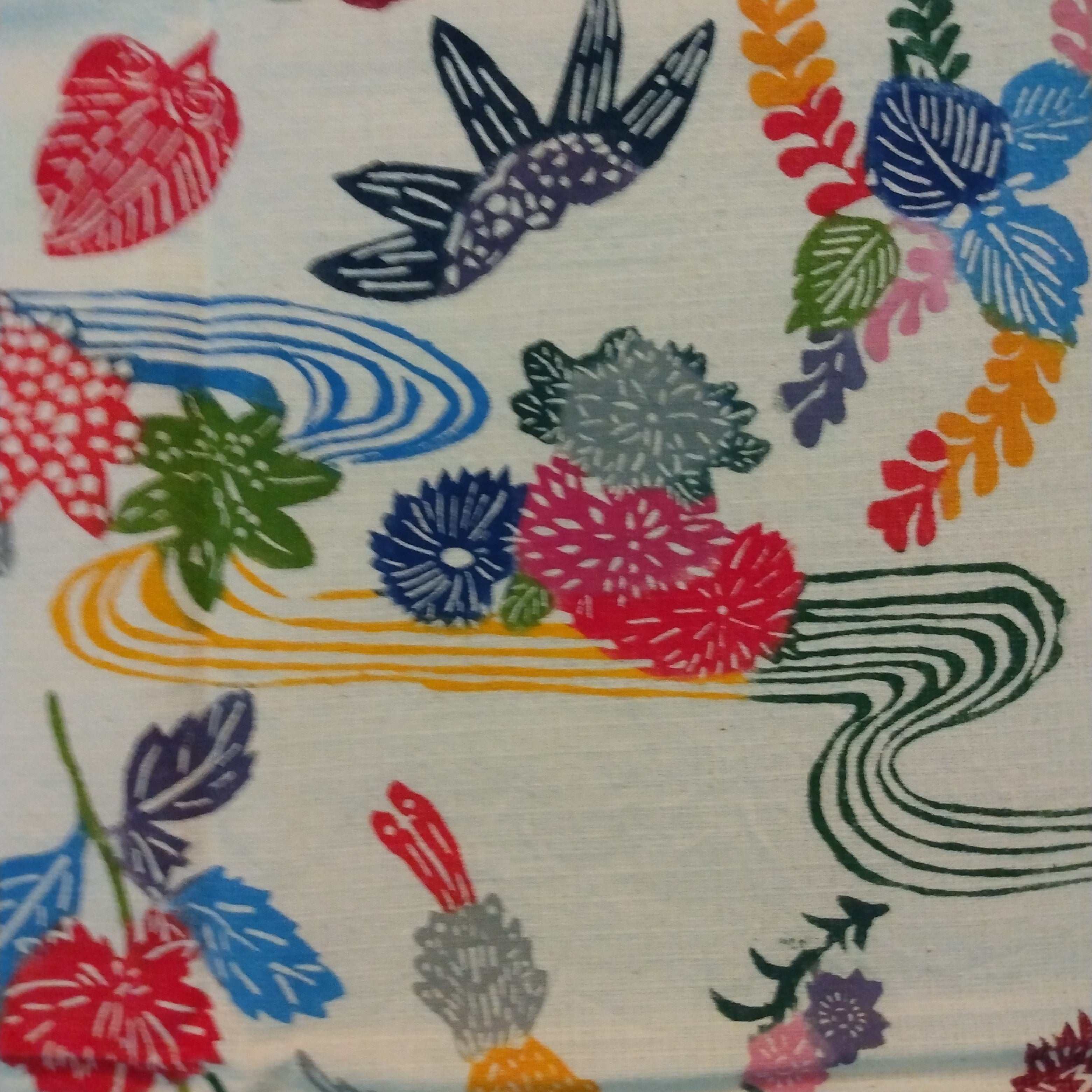 Okinawa Bingata Dyed Cloth with Flora and Fauna. Vintage Japanese Textile; Thiel Collection