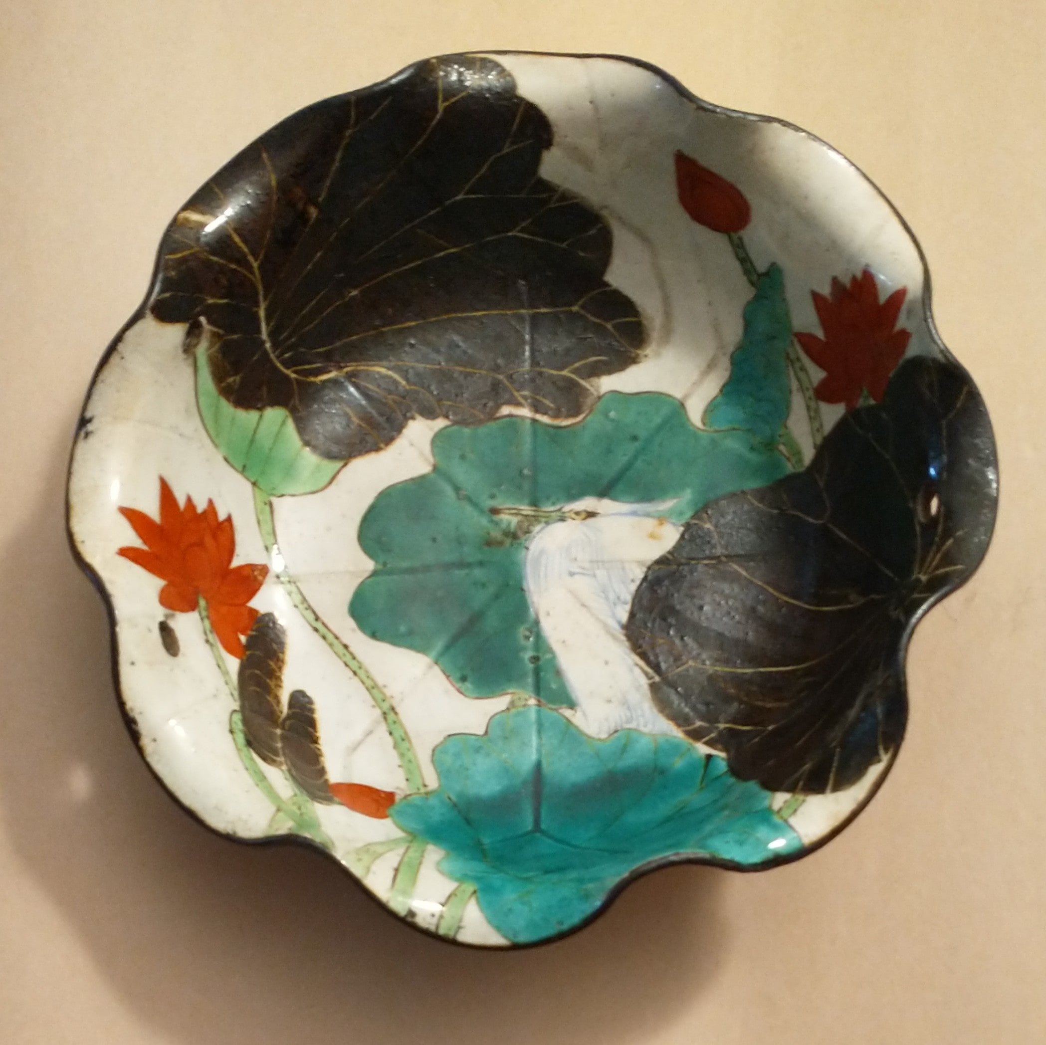 Kenzan-style Painted Dish with Egret and Lotus for Food or Flowers; Antique. Thiel Collection