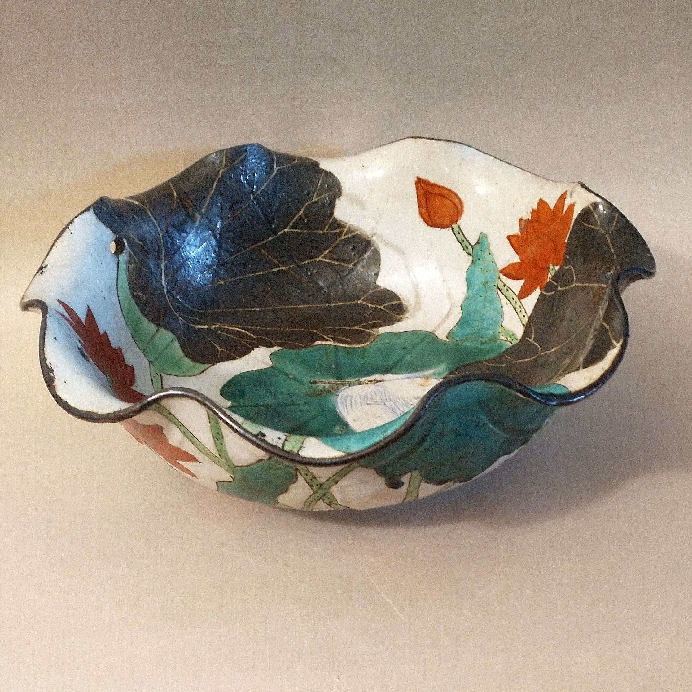 Kenzan-style Painted Dish with Egret and Lotus for Food or Flowers; Antique. Thiel Collection