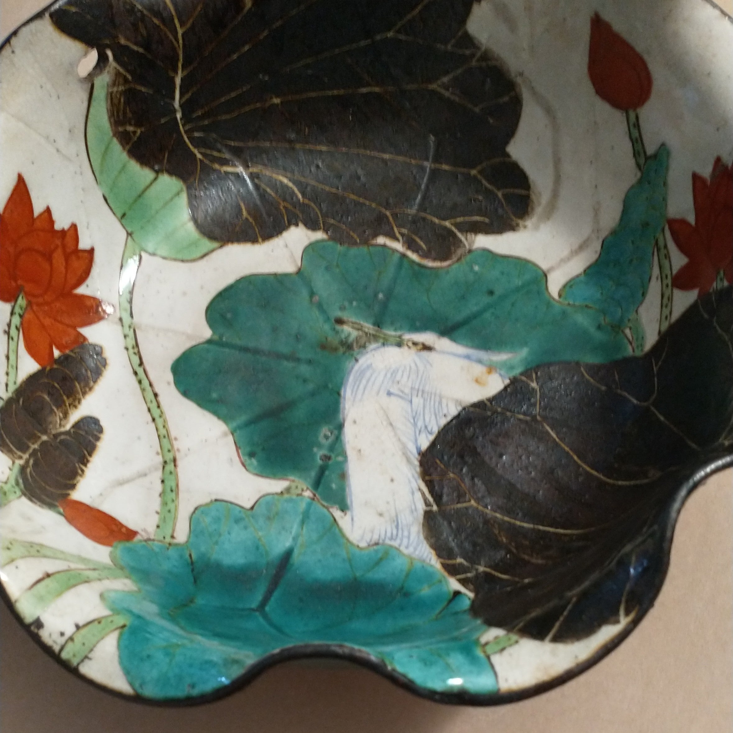 Kenzan-style Painted Dish with Egret and Lotus for Food or Flowers; Antique. Thiel Collection