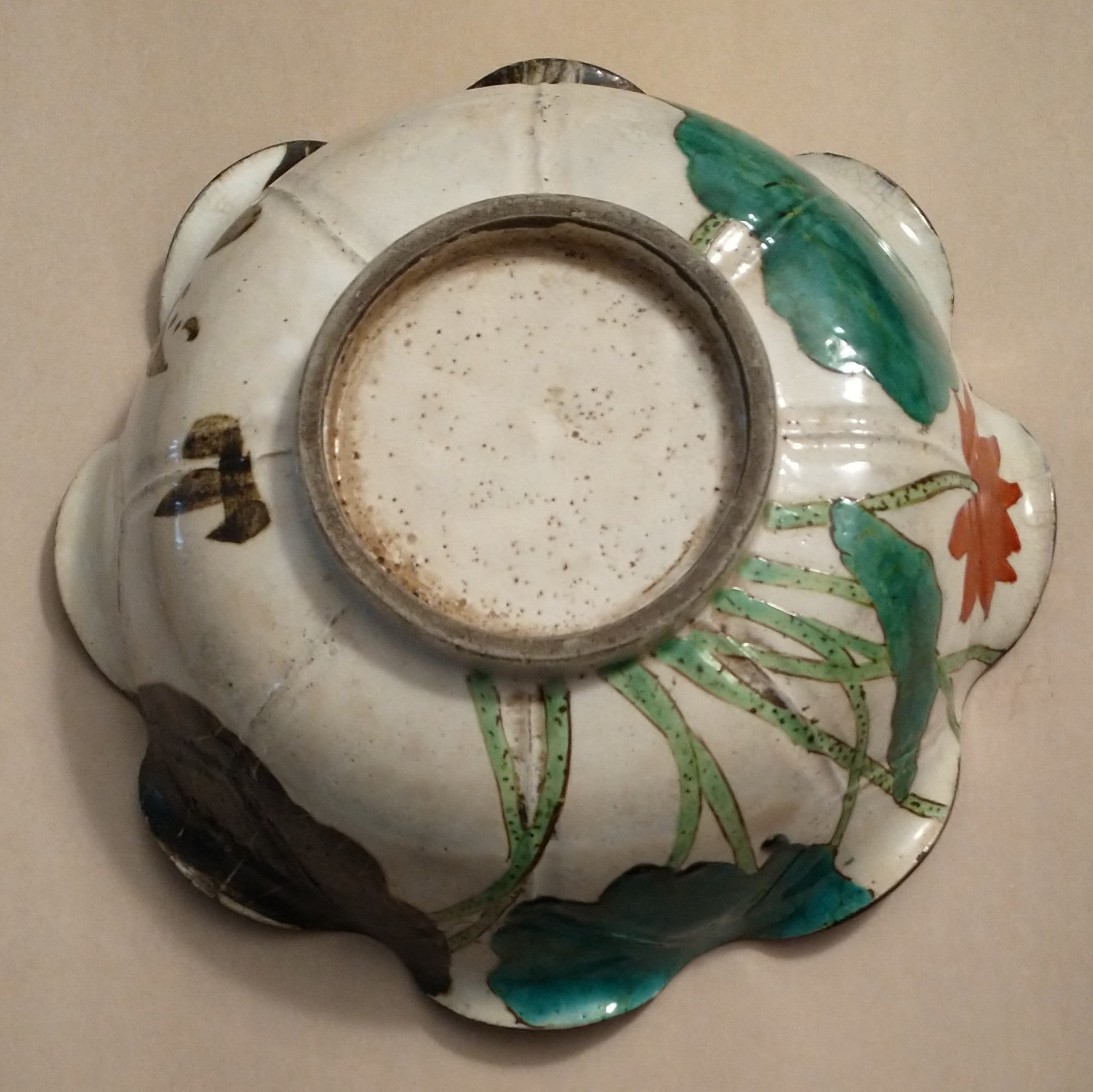 Kenzan-style Painted Dish with Egret and Lotus for Food or Flowers; Antique. Thiel Collection