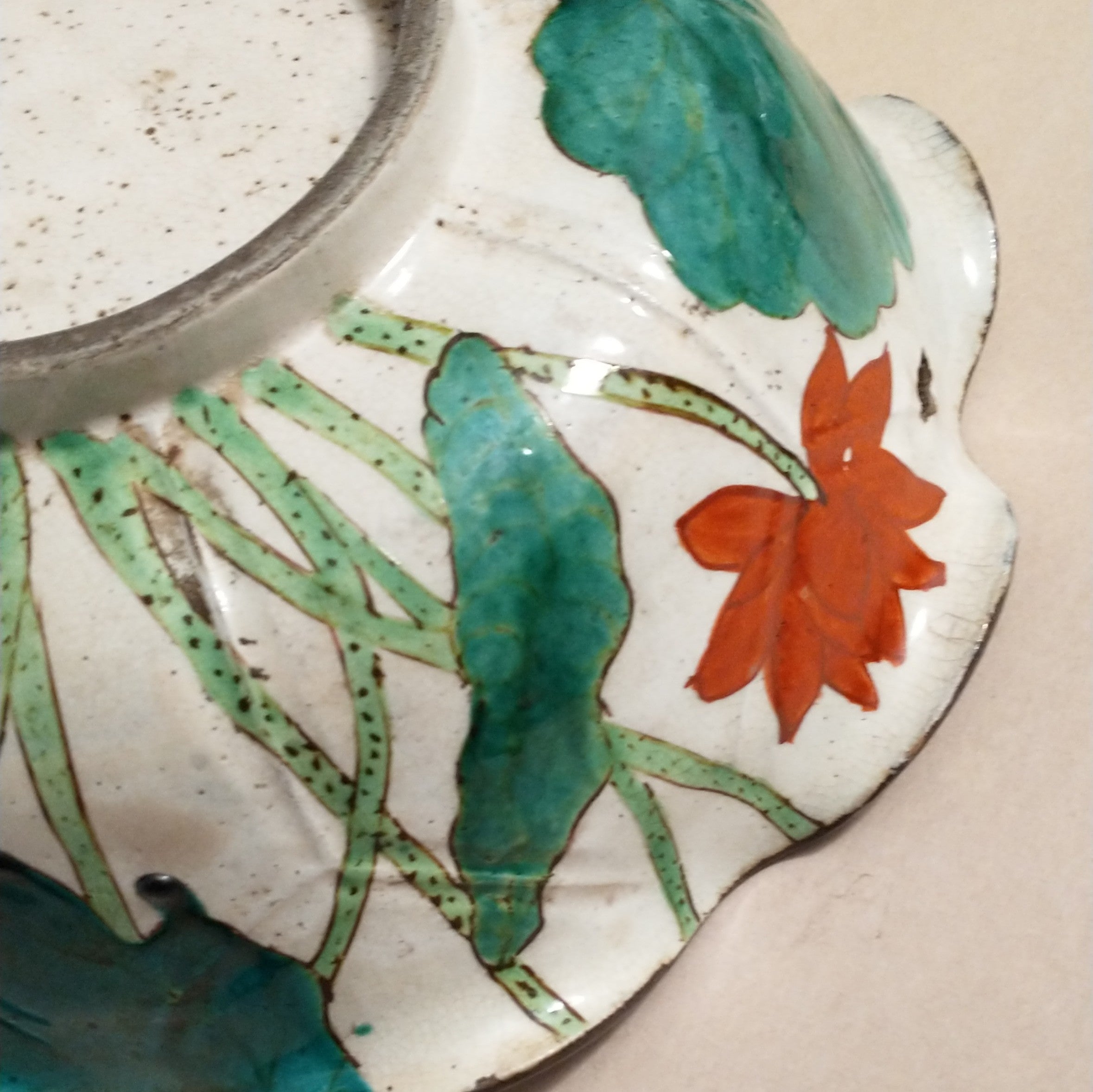 Kenzan-style Painted Dish with Egret and Lotus for Food or Flowers; Antique. Thiel Collection