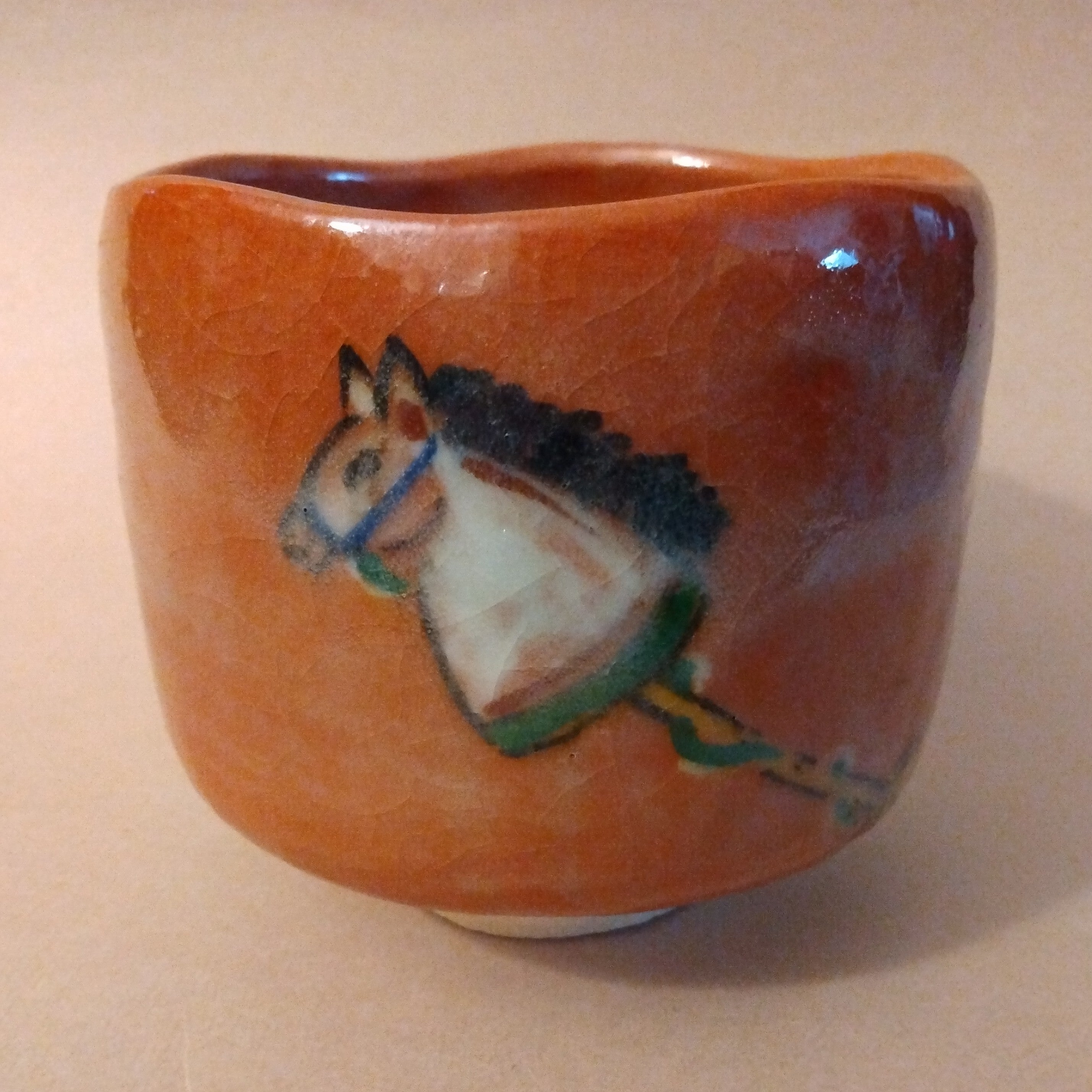 Akaraku Eto Uma Chawan, Red Raku Horse Tea Bowl; by Waraku Kiln, Kawasaki Motoo, Vintage
