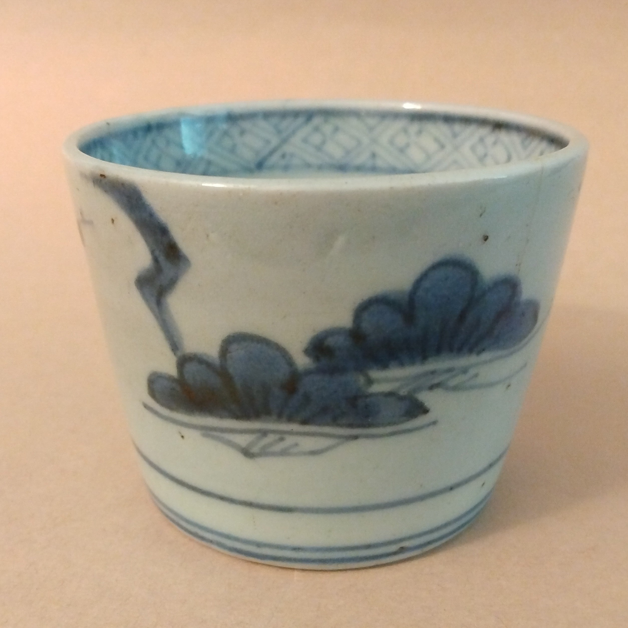 Imari Ware Porcelain Soba Choko with Underglaze Cobalt Blue Pattern of "Sho-Chiku-Bai" (Pine-Bamboo-Plum, the Three Friends of Winter)